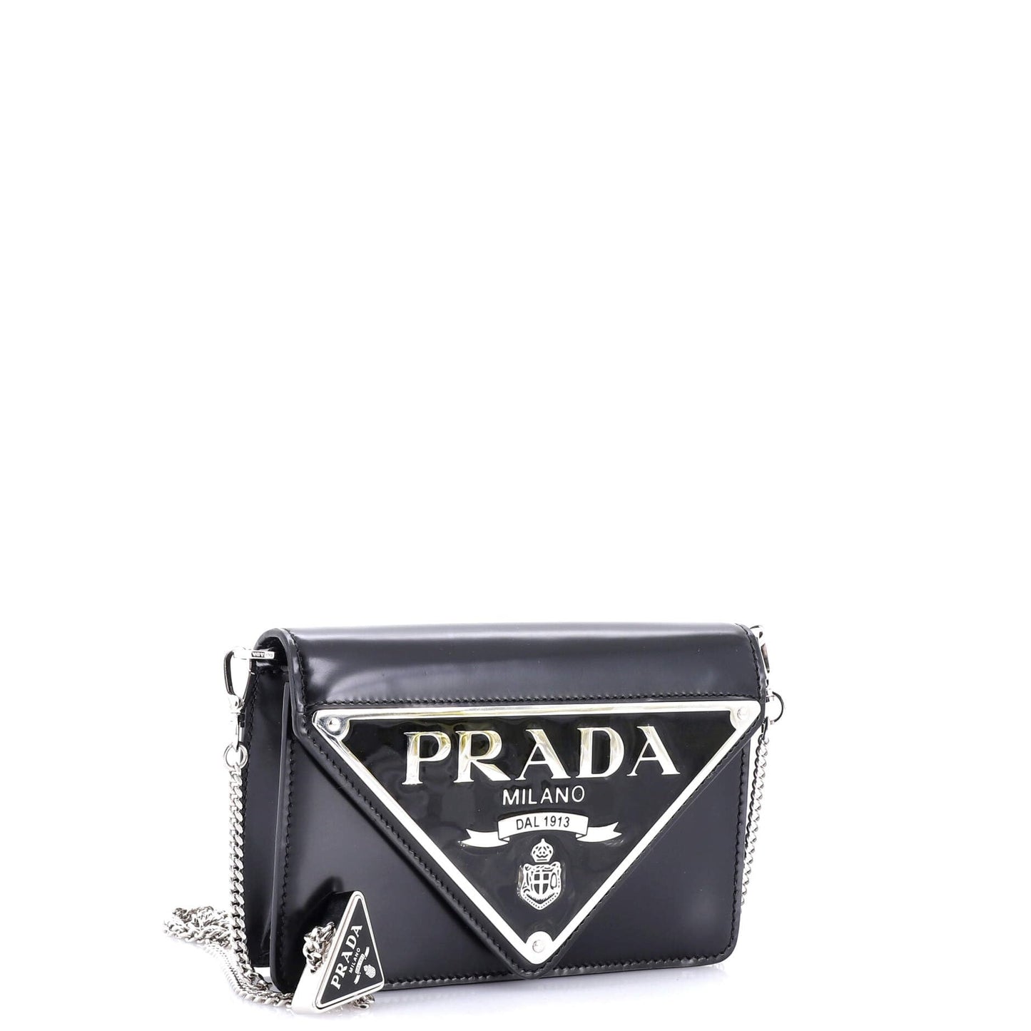 Prada, Pre-Loved Maxi Triangle Logo Chain Flap Bag Brushed Leather Small, Black