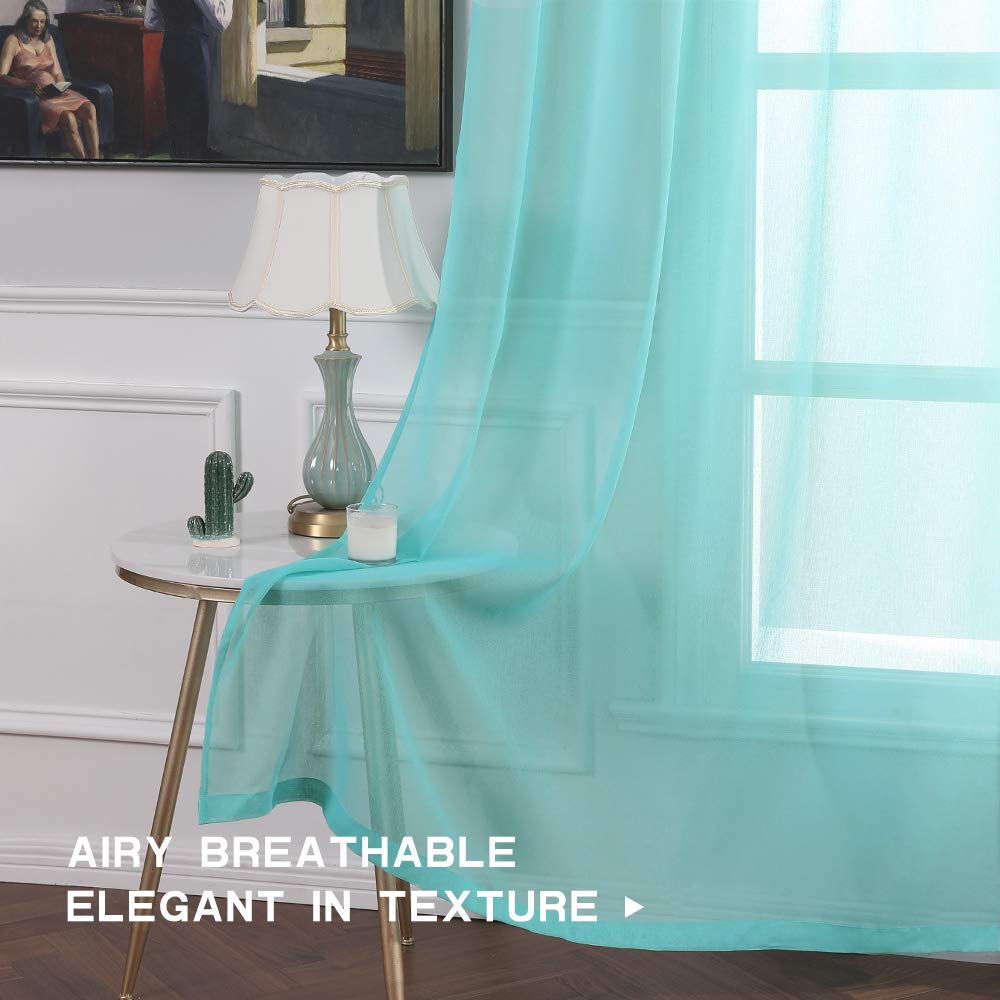 MIULEE 2 Turquoise Semi Sheer Window Curtains Elegant Grommet Top Voile Panels/Drapes/Treatment Aqua Blue Linen Textured for Bedroom Living Room Decor (54X84 Inches)