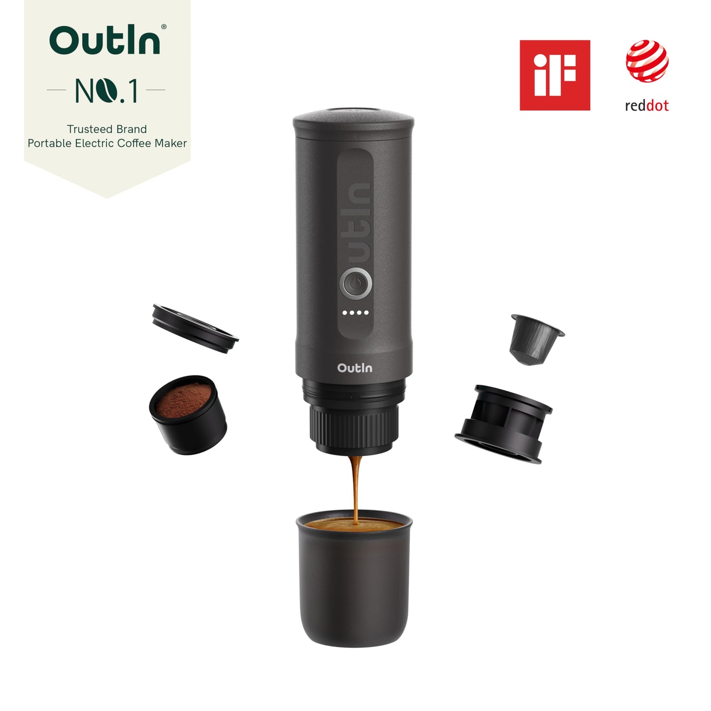 OutIn Nano Portable Electric Espresso Machine, Travel Coffee Maker for Camping, Car Coffee Maker Self-Heating with USB-C, With Ground Coffee & NS Capsule for RV, Hiking, Office