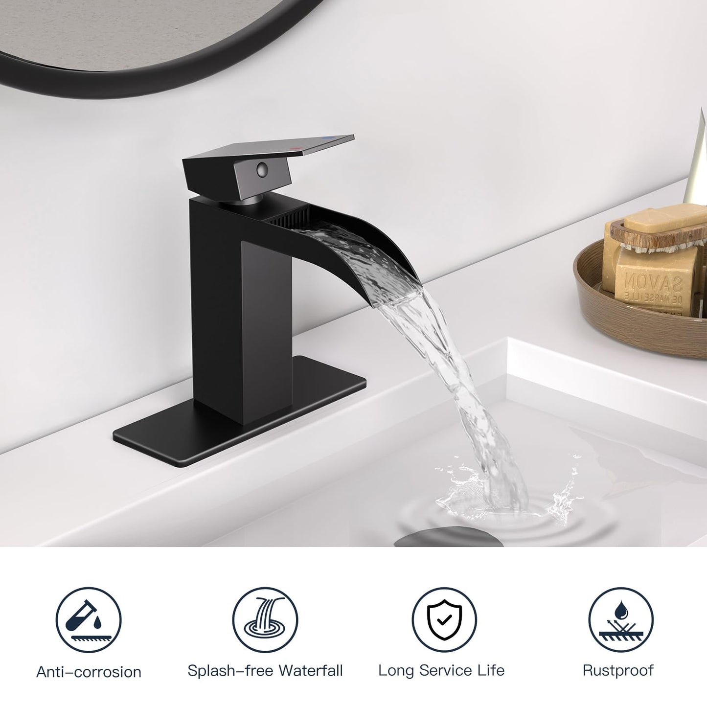 Kroias Matte Black Waterfall Bathroom Faucet 1 Hole or 3 Hole, Single Handle Rv Bathroom Sink Faucet with Pop Up Drain, Bathroom Vanity Faucet with cUPC Supply Hose and Deck Plate