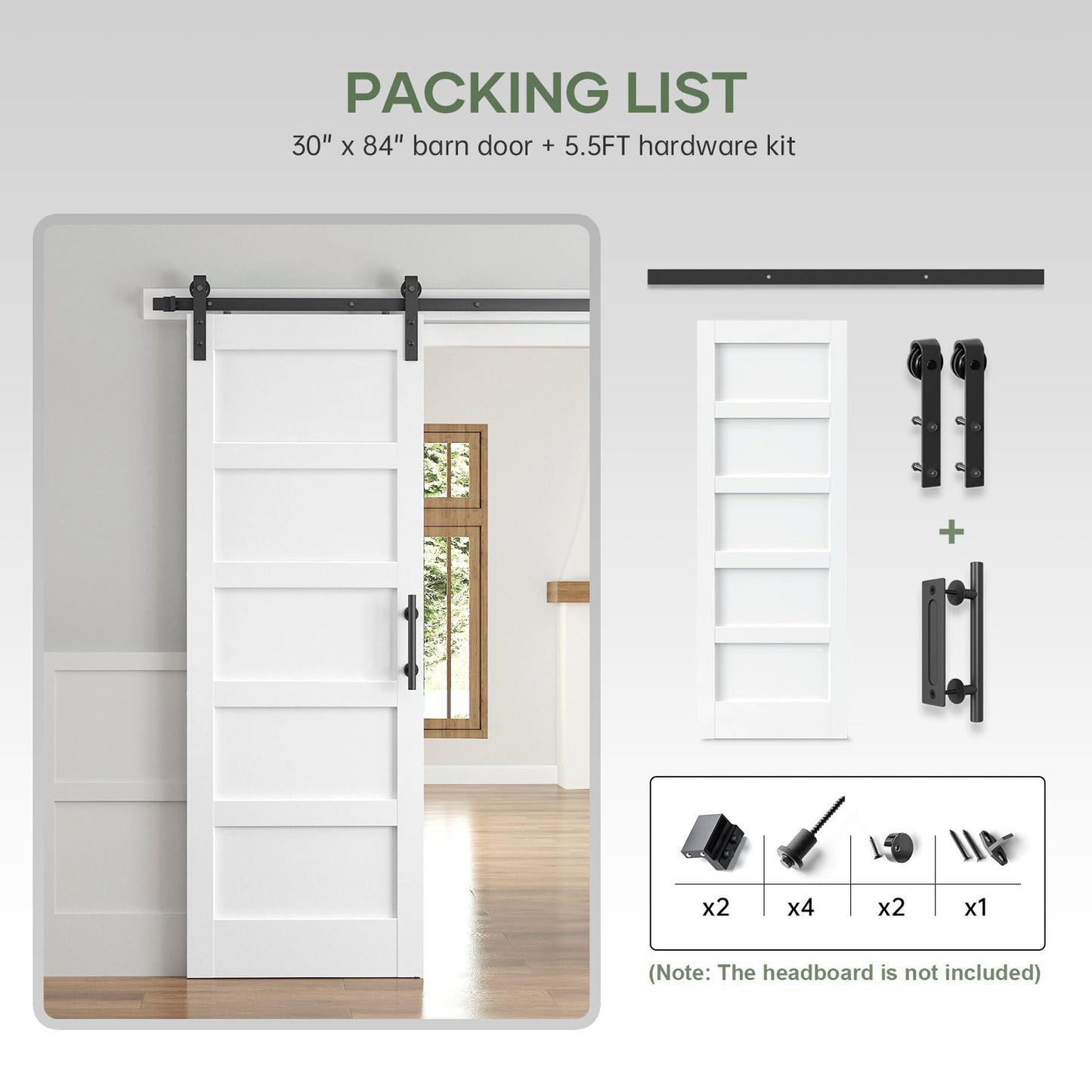 ROYMELO 30x84 Inch White Sliding Barn Door Slab with 5.5ft Hardware Kit Included, 5-Panel, MDF Wood Panel Covered with Water-Proof Scratch-Proof PVC Surface, Simple DIY Assembly