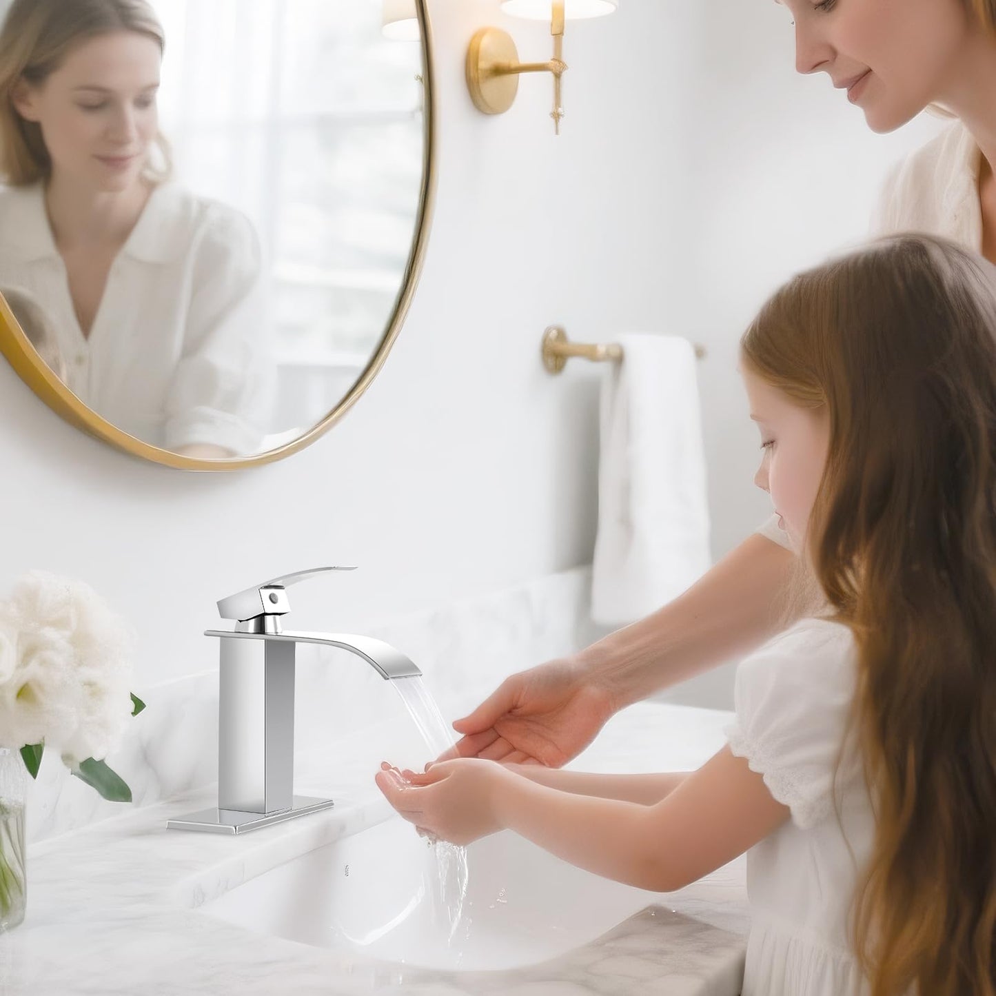 RNDIOZD Chrome Bathroom Faucets, Waterfall Bathroom Sink Faucet Modern Single Handle Bathroom Faucte 1 or 3 Hole, RV Mixer Tap Vanity Faucet - Includes Pop-up Drain Supply Hoses Deck Plate