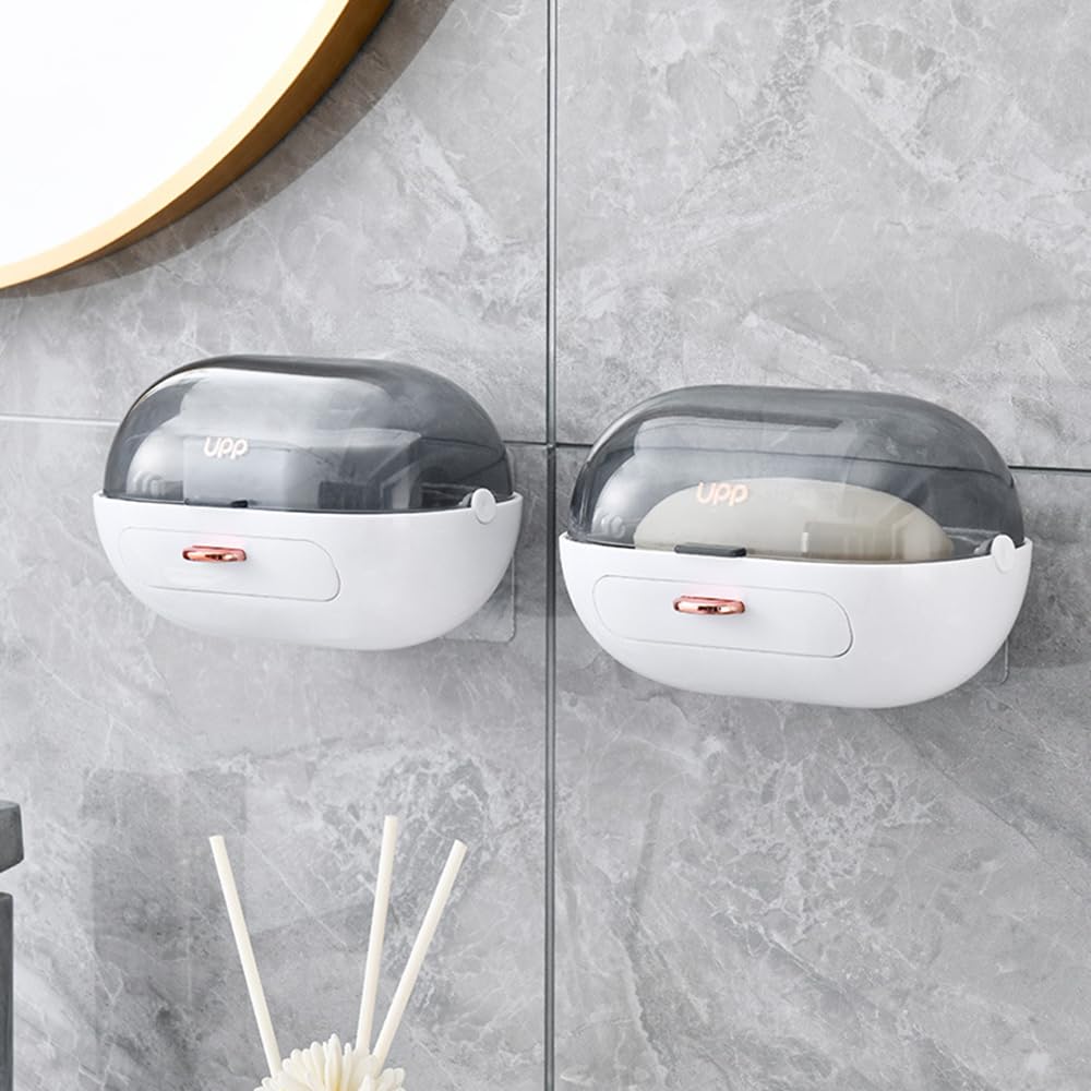 NICAVKIT 2 Pack Shower Soap Dish Holder with Lid, Bar Soap Holder with Drain, Wall Mounted Soap Box Container for Shower, Bathroom, Bathtub, Kitchen Sink, Adhesive Included