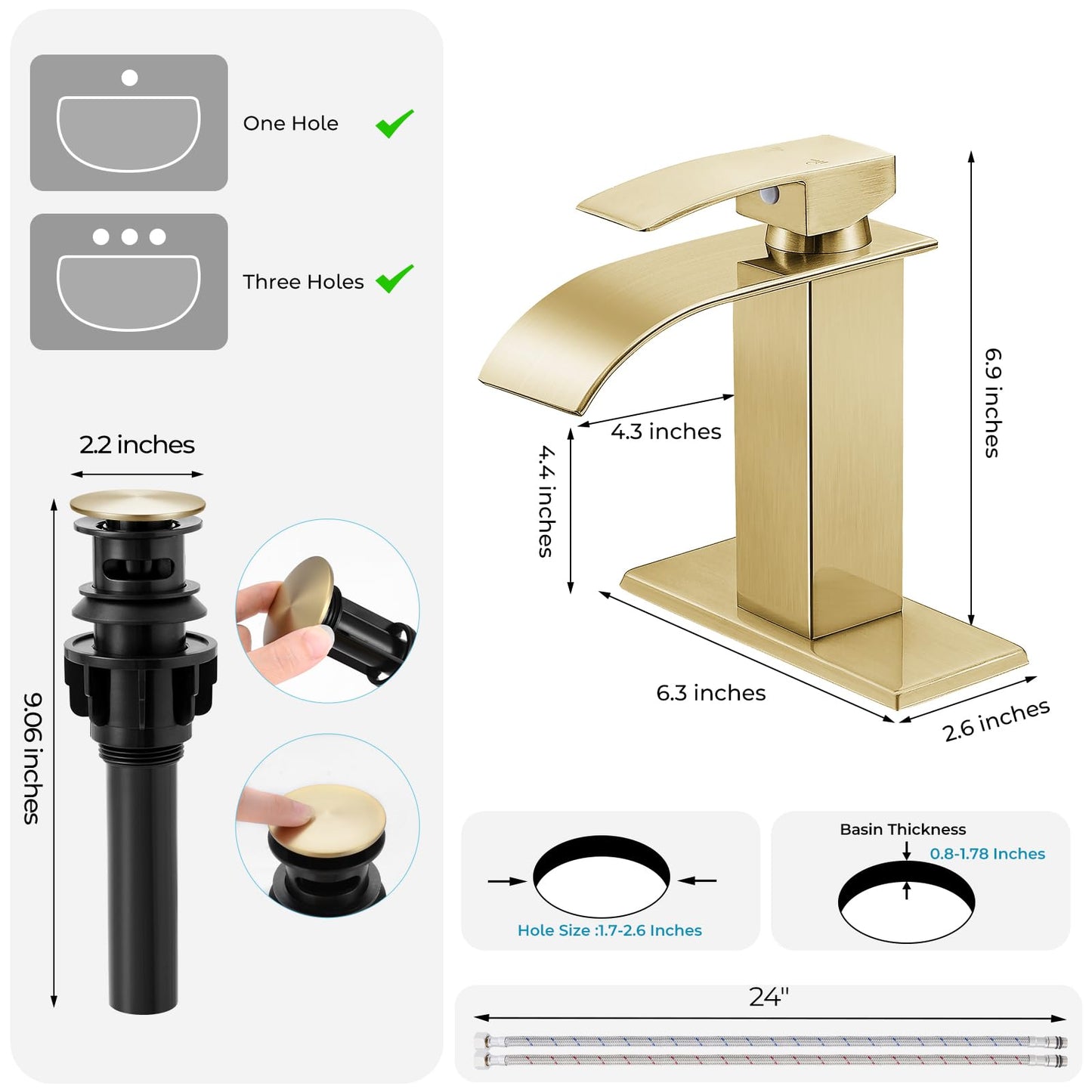 RNDIOZD Brushed Gold Bathroom Faucets, Waterfall Bathroom Sink Faucet Modern Single Handle Bathroom Faucte 1 or 3 Hole, RV Mixer Tap Vanity Faucet - Includes Pop-up Drain Supply Hoses Deck Plate