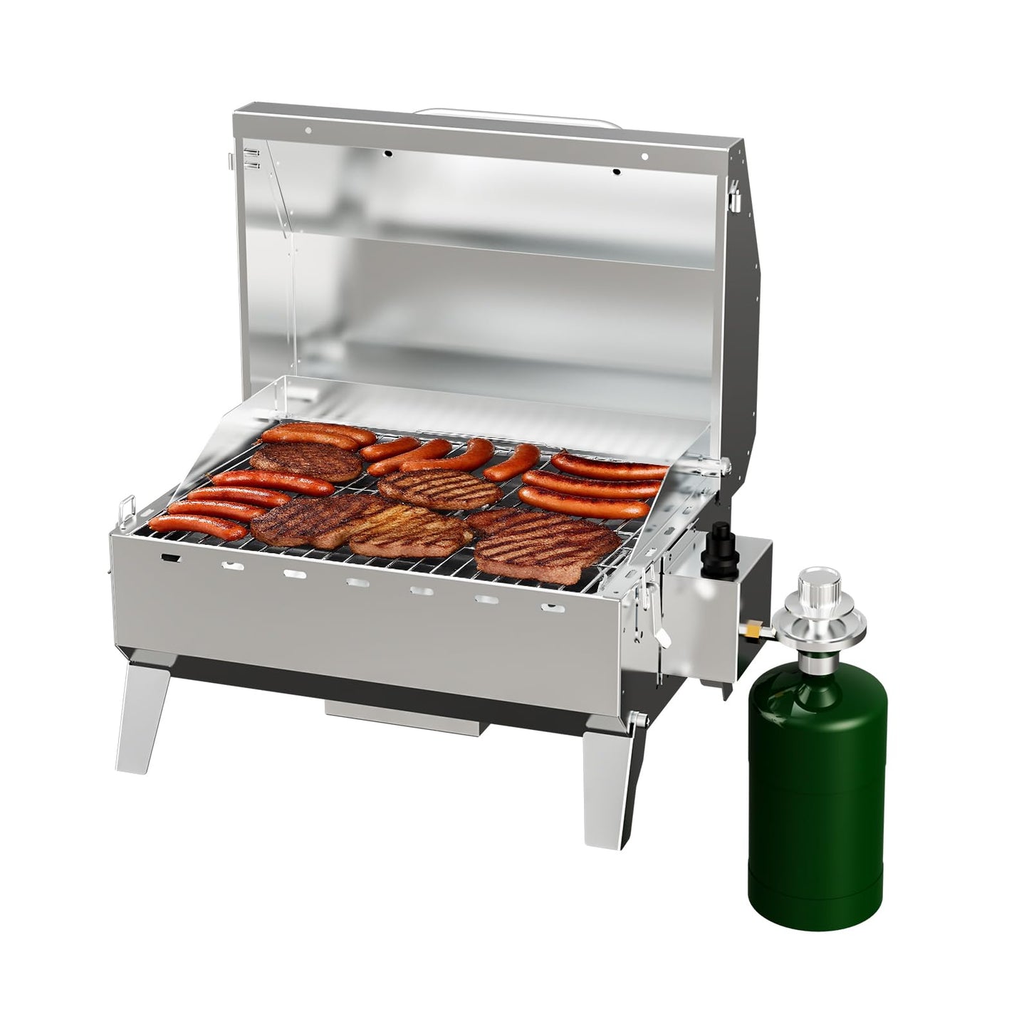 Byacgrill Portable Gas Grill Tabletop, Burner Stainless Steel Propane Grill with Folding Legs & Locking Lid for Camping, Tailgating, Outdoor BBQ 10,000 BTU