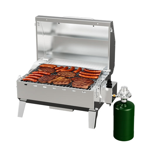 Byacgrill Portable Gas Grill Tabletop, Burner Stainless Steel Propane Grill with Folding Legs & Locking Lid for Camping, Tailgating, Outdoor BBQ 10,000 BTU