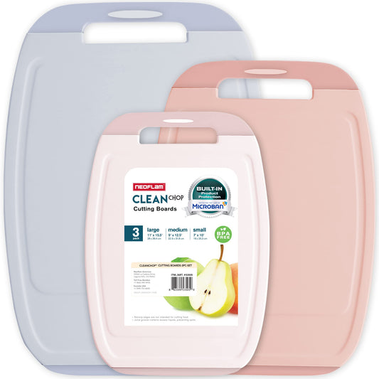 Neoflam Microban Protection Cutting Board 3 Piece Set, Stain & Odor/BPA Free, Reversable Board, Upgraded Larger Juice Groove, Non-Slip EZ Grip Handle, Dishwasher Safe, Pastel
