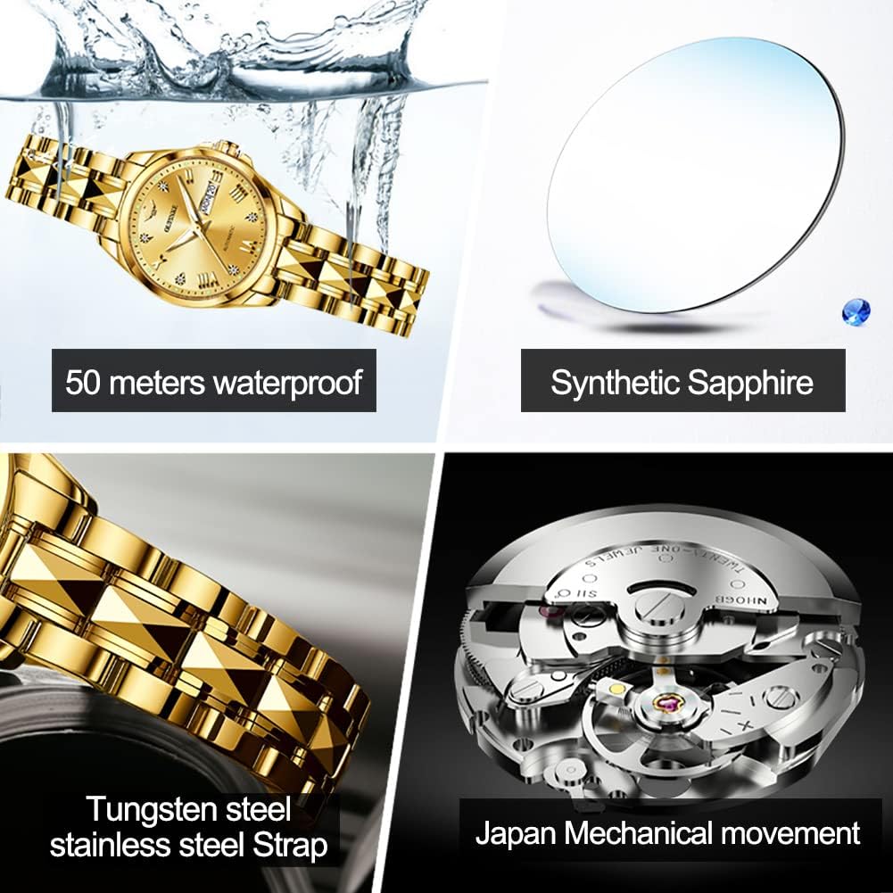 OUPINKE Gold Automatic Womens Watches Self Winding Mechanical Luxury Dress Diamond Dial Tungsten Steel Wrist Watches for Women Date Waterproof Luminous