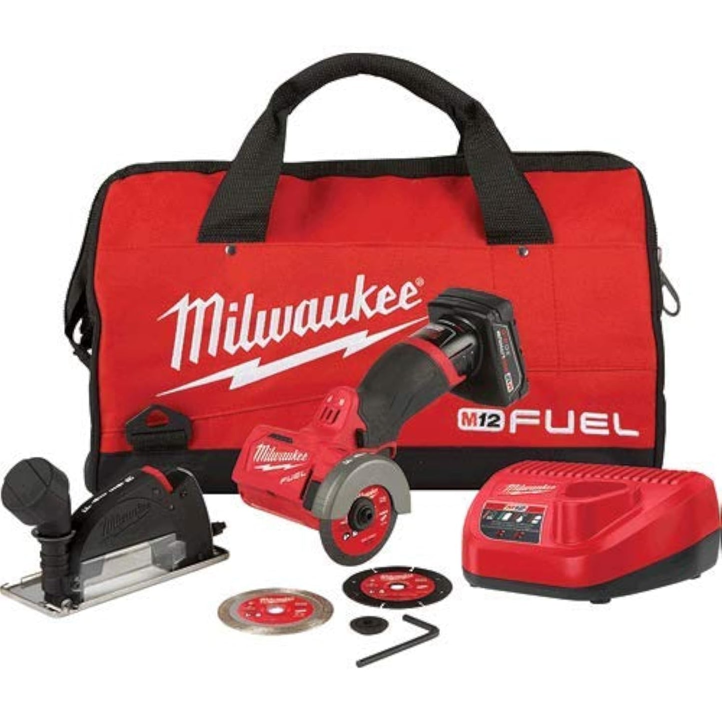Milwaukee M12 FUEL 3" Compact Cut Off Tool Kit - 24V, 4Ah, 4A, 1.5E+3 RPM, 3" Max. Chuck Size, Black/Red