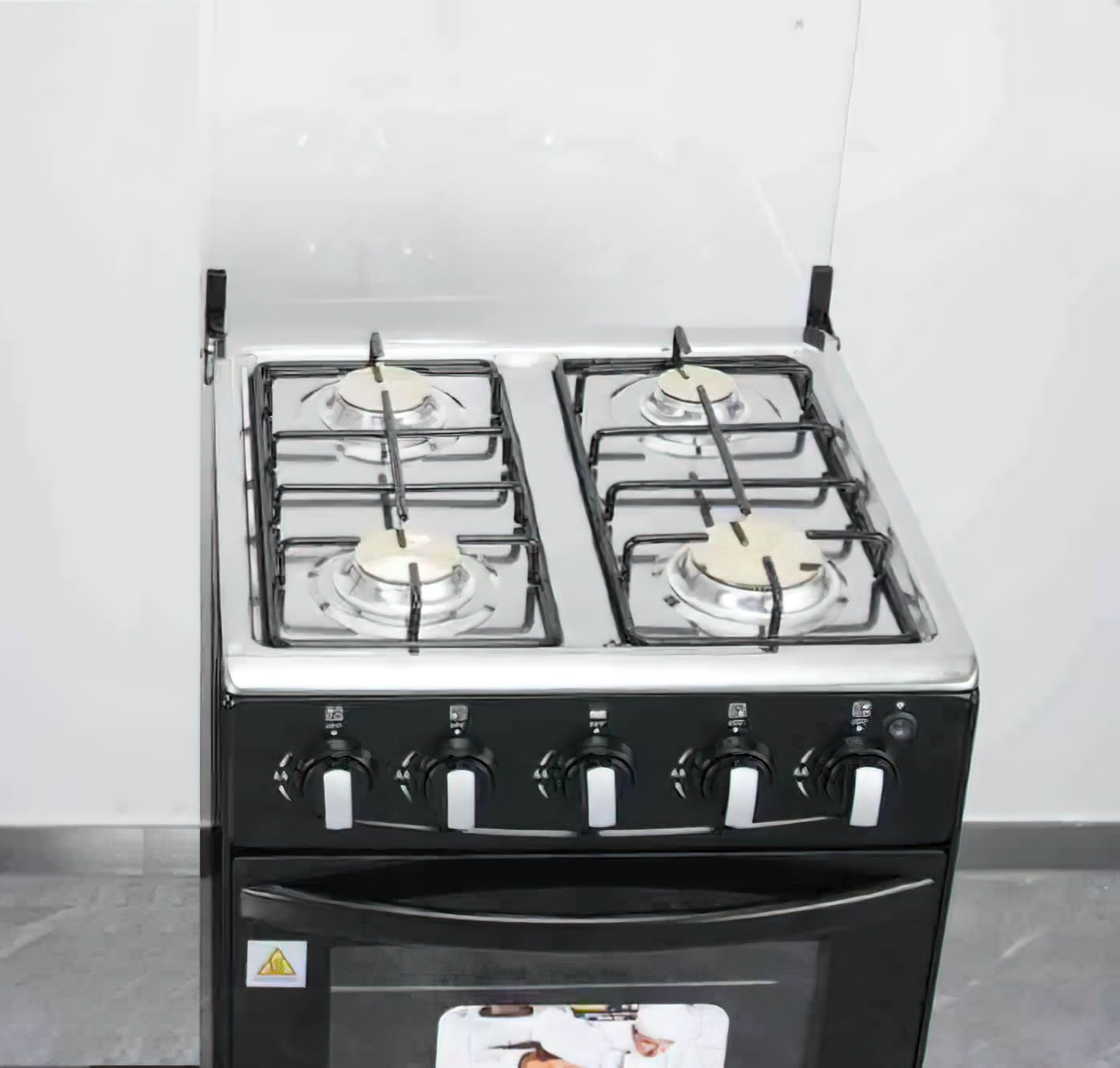 Gas Range with Double-Layer Glass Door, 4 Burners, Cast Iron Rack, 52L Capacity, Black