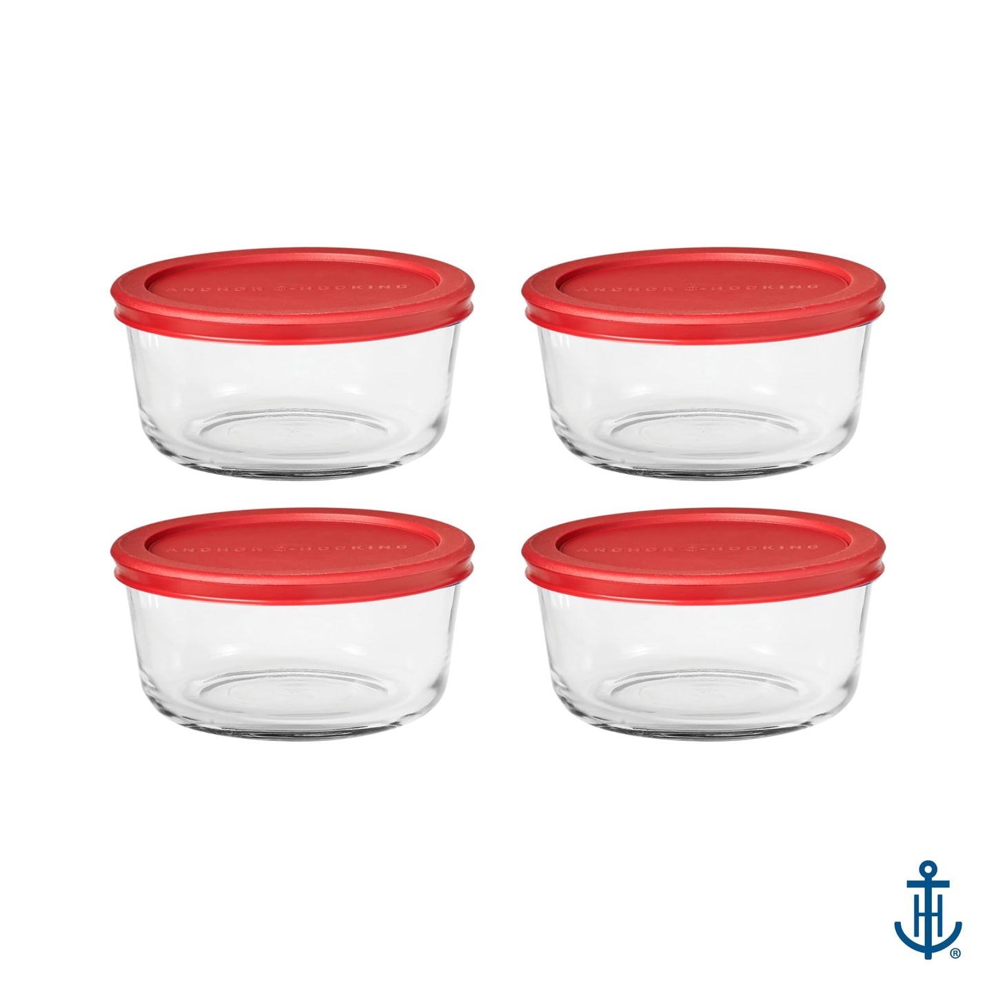 Anchor Hocking SnugFitTM Round Food Storage Containers with Lids (4-Piece, 4-cup, Red, oven-safe)