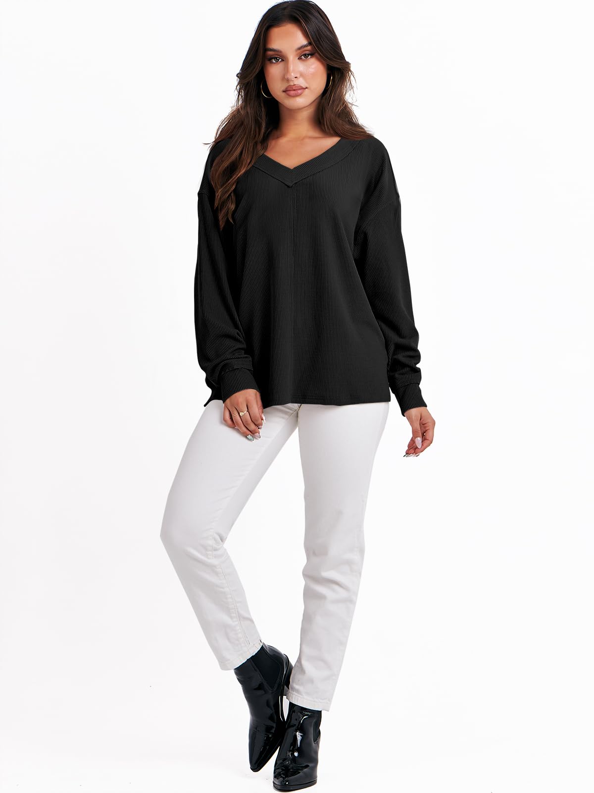 ANRABESS Oversized Long Sleeve Shirts for Women Off the Shoulder Sweatshirt Loose V Neck Tunic Tops High Low Sweater 2025 Black Medium
