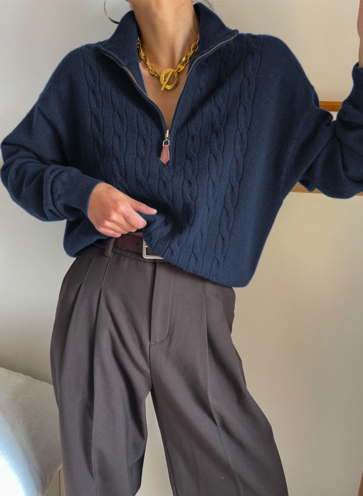 Dokotoo Christmas Womens Sweaters for Women Trendy Winter 2025 Women Outfits Dressy Casual Women's Sweaters Fashion Fall Old Money Clothes Cute Quarter Zip Sweater Pullover Oversized Tops Navy Blue