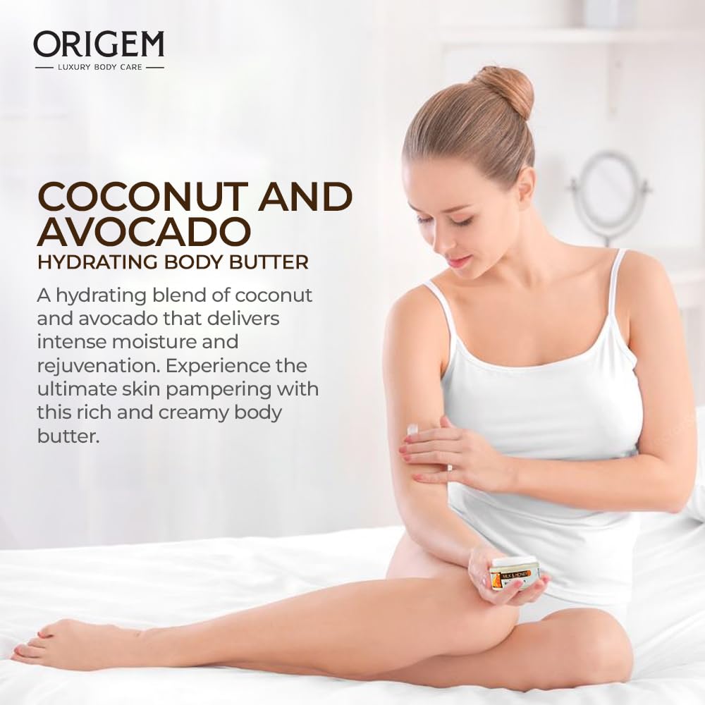 ORIGEM Body Butter for Dry Skin – Deep Hydration & Skin Repair – Coconut, Avocado, Shea & Argan Oil – Vitamin E Moisturizer for Women – Non-Greasy Body Cream – 8 Oz