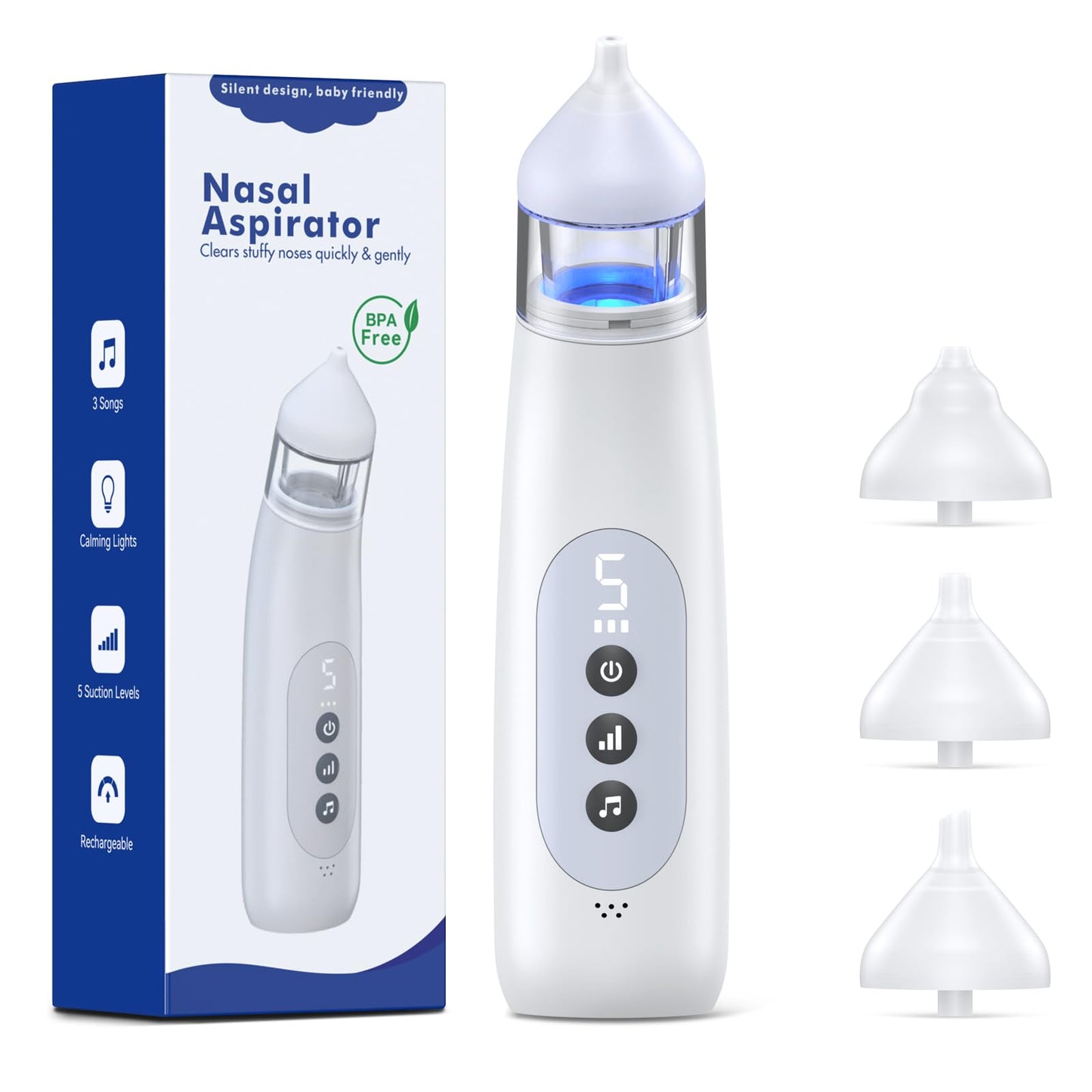 pudult Nasal Aspirator for Baby 5 Suction Levels Rechargeale Nose Sucker, Music and Light Silicone Nose Suction Battery Powered, Best Baby Girls Boy Adult Pets Essentials