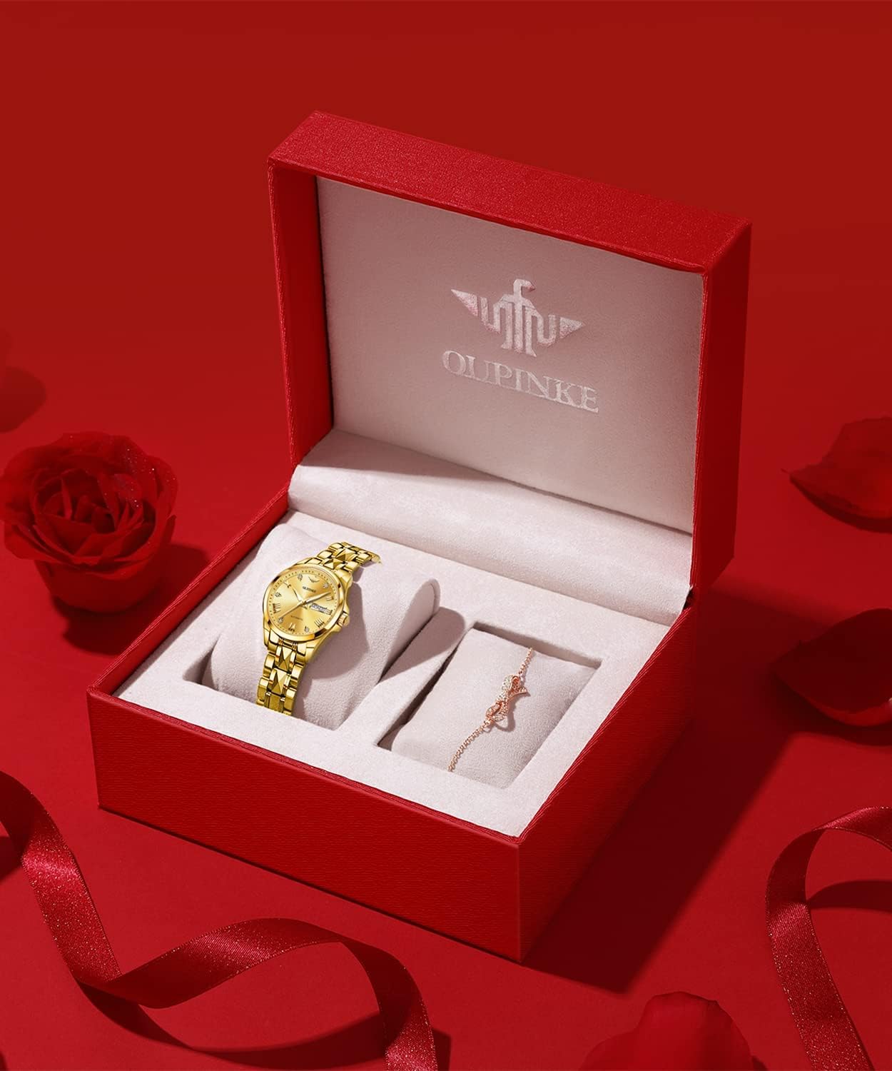 OUPINKE Gold Automatic Womens Watches Self Winding Mechanical Luxury Dress Diamond Dial Tungsten Steel Wrist Watches for Women Date Waterproof Luminous