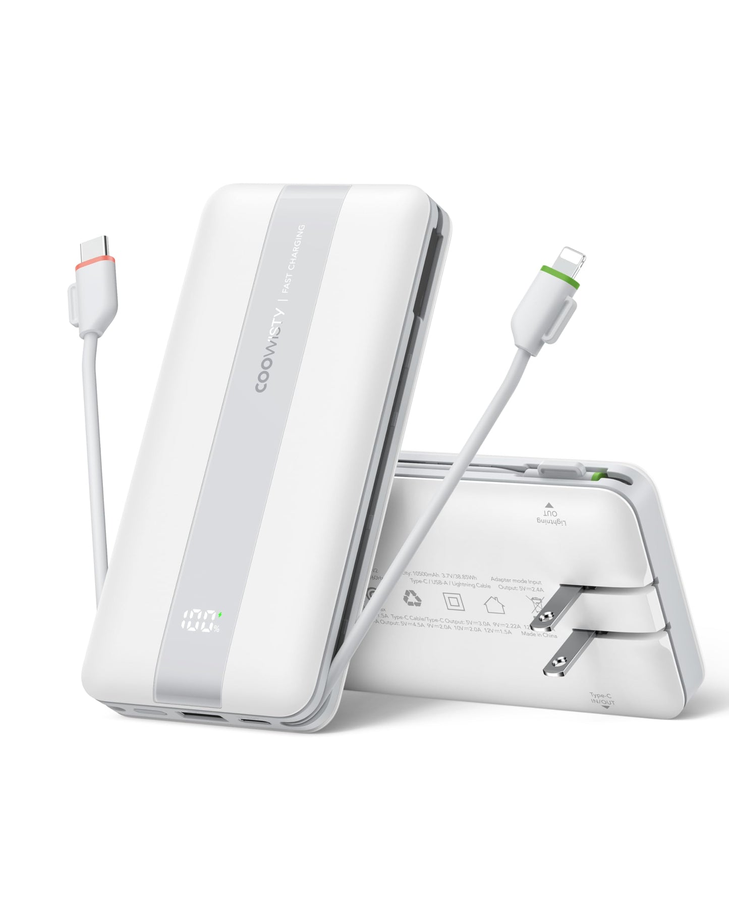 Portable Charger with Foldable AC Wall Plug, Slim 10500mAh 22.5W Fast Charging Power Bank Built-in Cables, 4 Outputs 3 Inputs LED Display External Battery Pack Compatible with iPhone/Android (White)