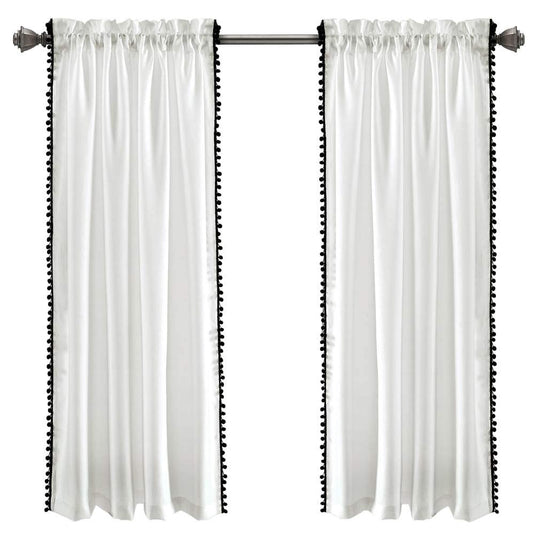 Lush Decor Pom Curtain | Textured, Solid Color Vintage Chic Style Window Panel for Living, Dining Room, Bedroom (Single), Black, 50"W x 63"L