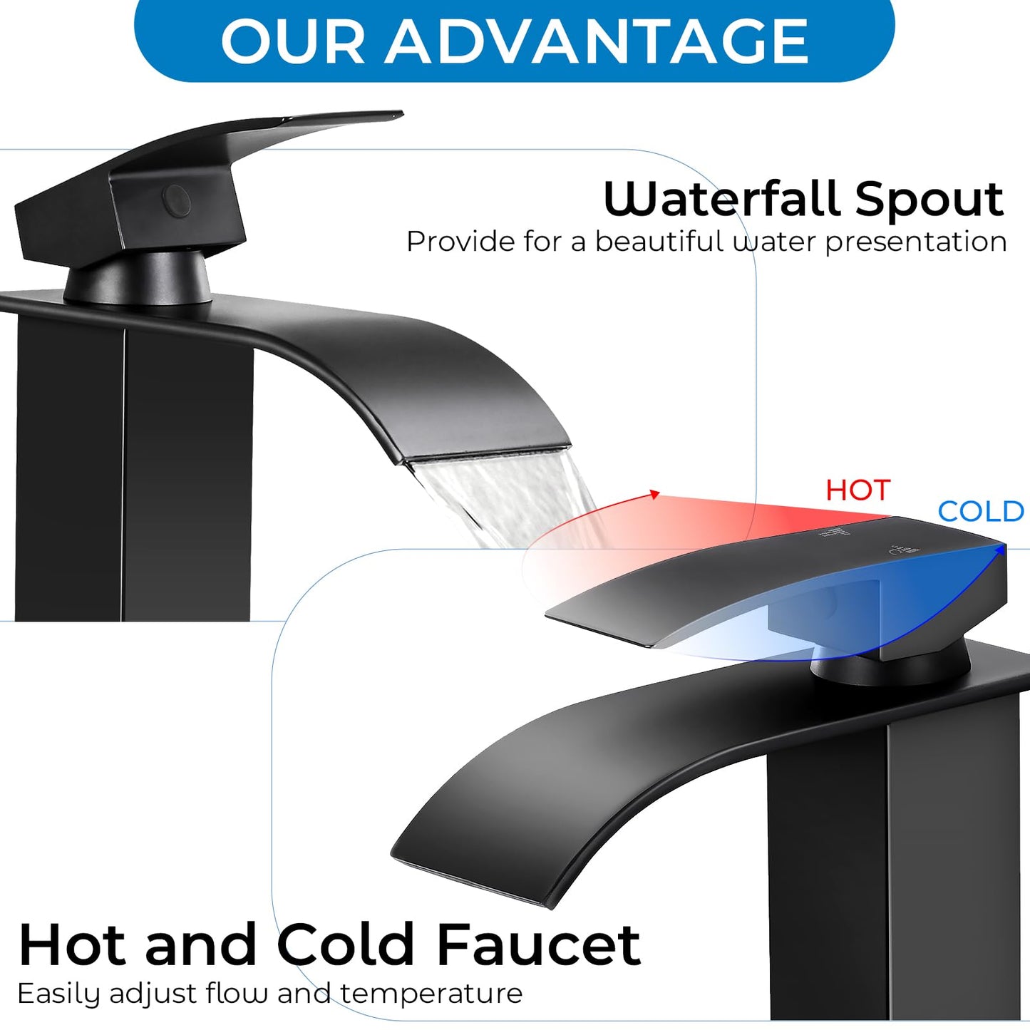 RNDIOZD Matte Black Bathroom Faucets, Waterfall Bathroom Sink Faucet Modern Single Handle Bathroom Faucte 1 or 3 Hole, RV Mixer Tap Vanity Faucet - Includes Pop-up Drain Supply Hoses Deck Plate