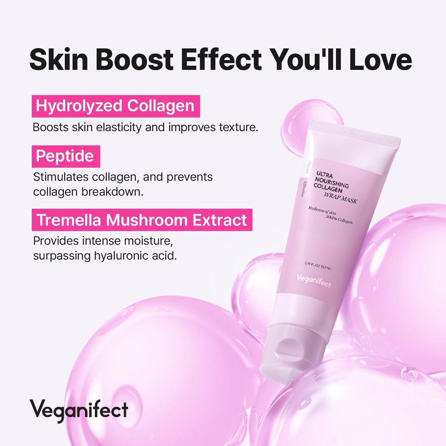 VEGANIFECT Collagen Overnight Wrapping Peel Off Facial Cream Mask with Jelly Brush, For Elasticity, Hydrating, Hydrolyzed Collagen & Peptide, Glass Skin, Korean Skincare