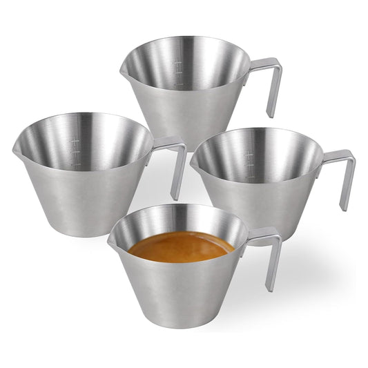 Clipore 4 pc Stainless Steel Espresso Cups with Handle Dual Spout Measuring Cup for Coffee or Sauce Use, Send Goods from Local Warehouse