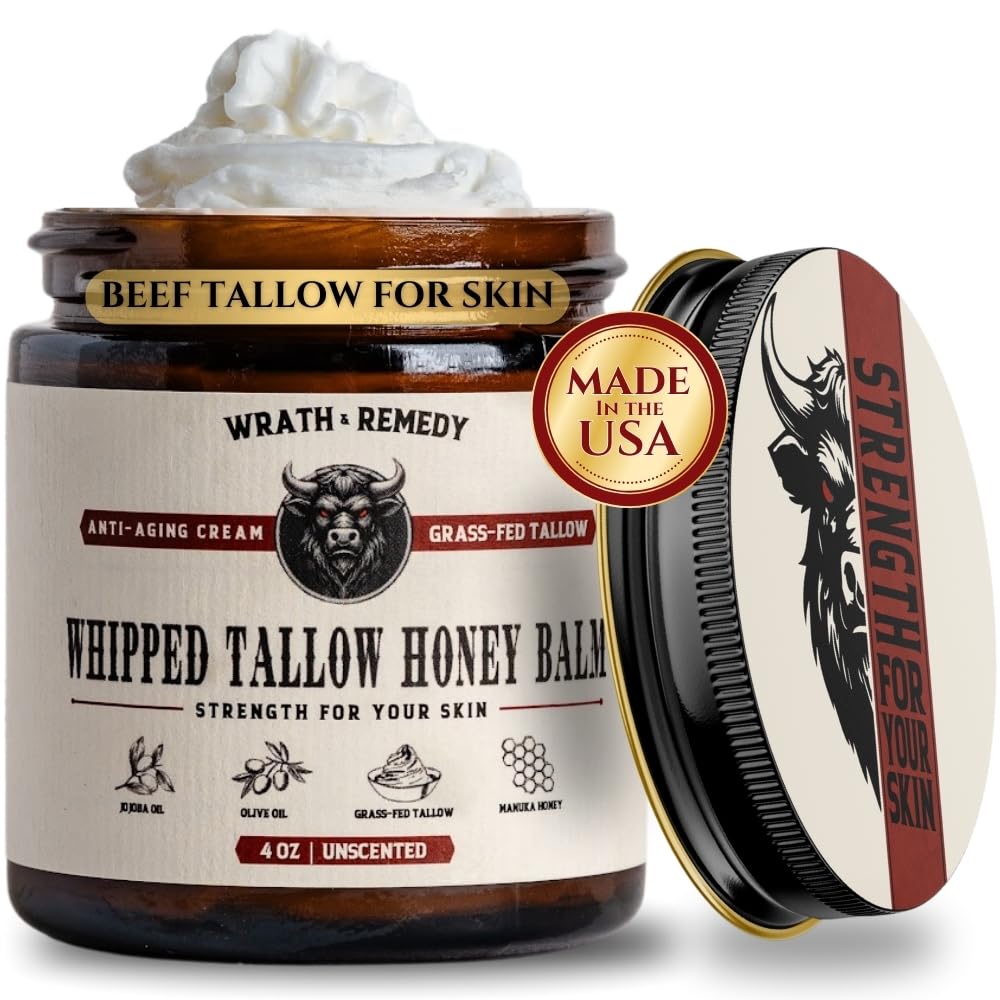 Wrath & Remedy Handmade Whipped Organic Beef Tallow for Skin - 4 OZ (Unscented) — Grass Fed Beef Tallow Moisturizer and Honey Balm for Silky, Sensitive-Skin, Eczema, Rosacea - Free of Harsh Chemicals