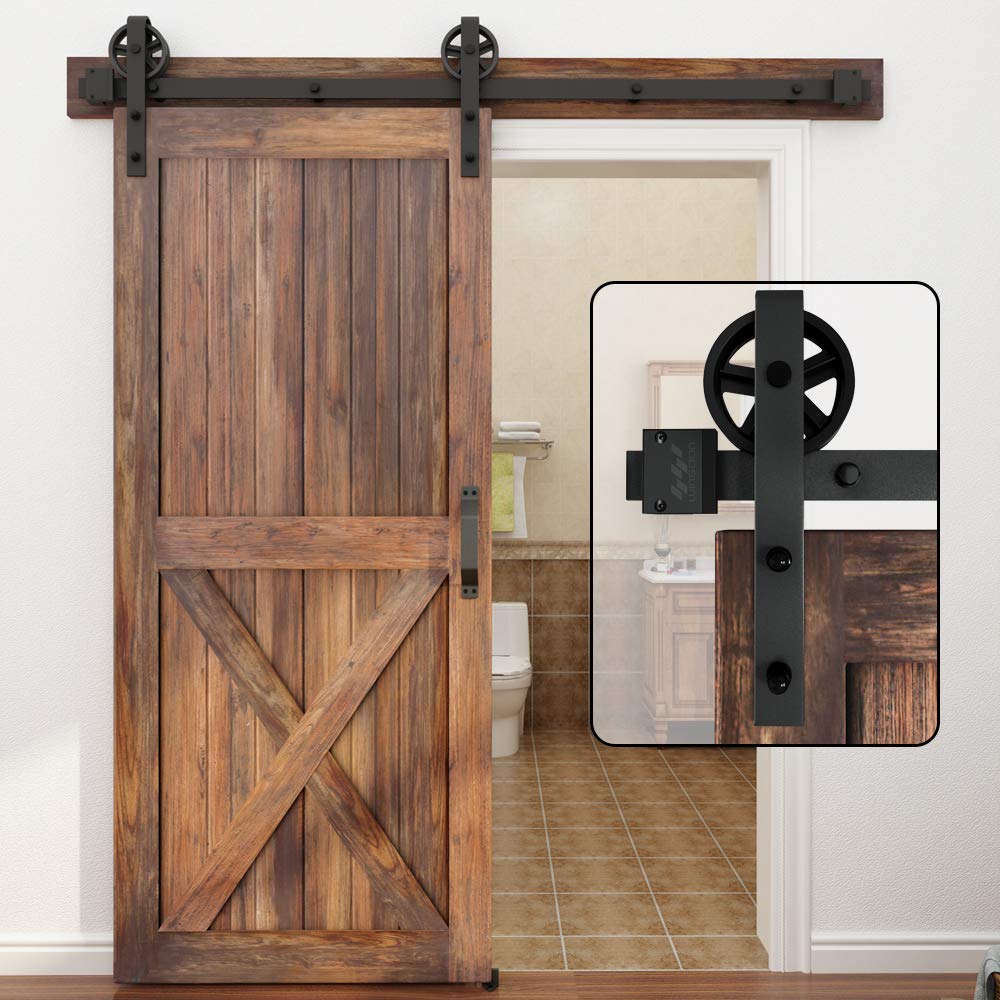 WINSOON 5-16FT Single Wood Sliding Barn Door Hardware Kit 8FT Basic Black Big Spoke Wheel Roller Garage Closet Carbon Steel Flat Track System (8FT)
