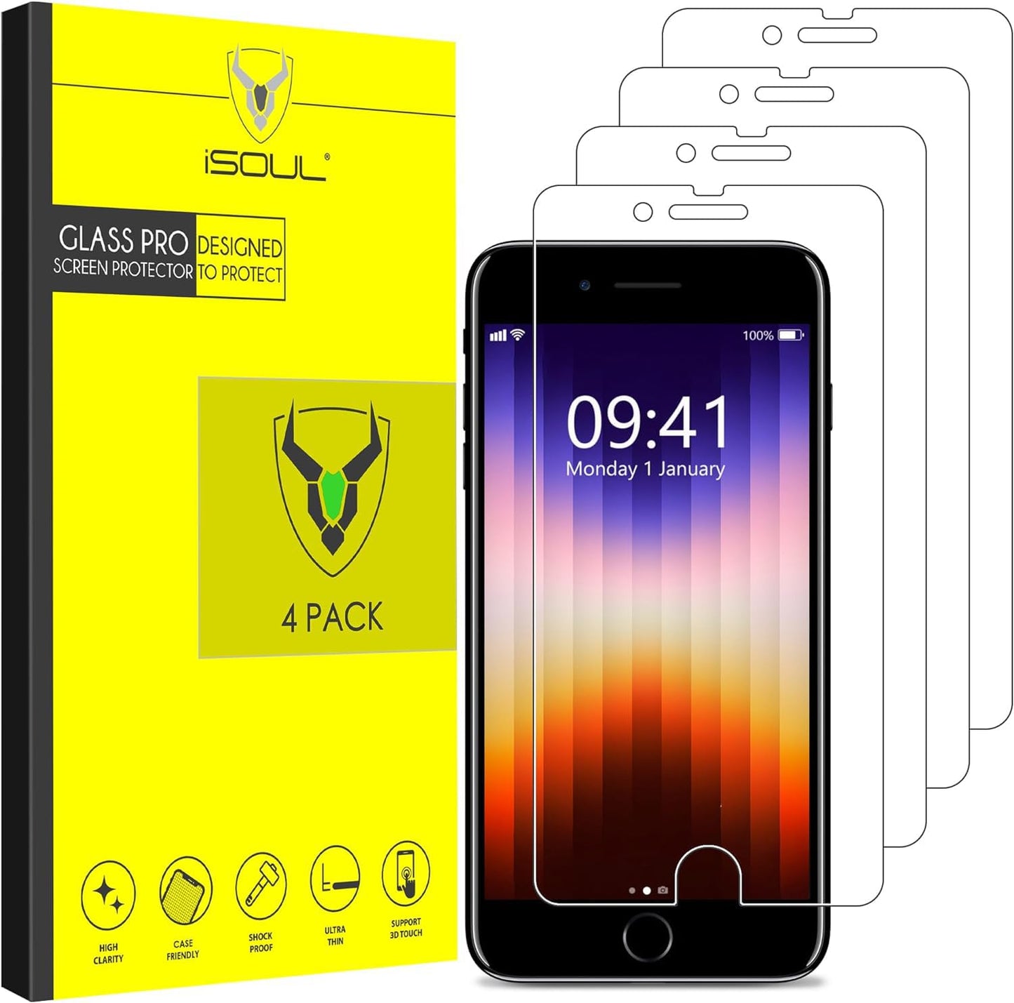 iSOUL 4-Pack Screen Protector for iPhone SE 3/2 (2022/2020 Edition), iPhone 8,7,6s,6, 4.7-Inch Tempered Glass Film [Ultra HD] [3D Touch] [Case Friendly] [Lifetime Replacement Support]