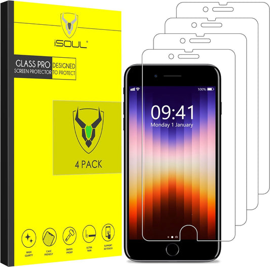 iSOUL 4-Pack Screen Protector for iPhone SE 3/2 (2022/2020 Edition), iPhone 8,7,6s,6, 4.7-Inch Tempered Glass Film [Ultra HD] [3D Touch] [Case Friendly] [Lifetime Replacement Support]