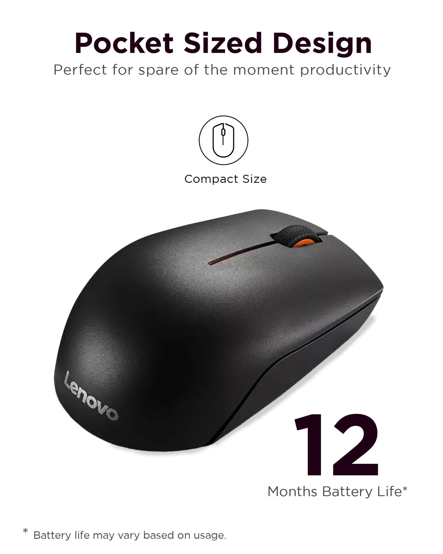 Lenovo 300 Wireless Mouse – Computer Mouse for PC, Laptop with Windows – Ambidextrous Design – 2.4 GHz Nano USB Receiver – 12 Month Battery Life