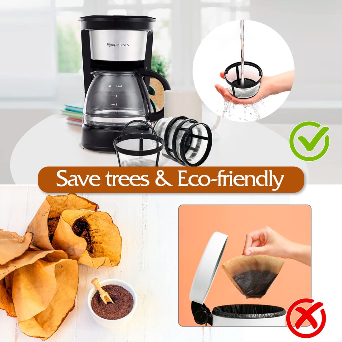 FIFOKICHO Replacement 4 Packs Reusable Coffee Filters For Mr. Coffee 4-5 Cup Drip Coffeemakers-Nylon Mesh With Handle