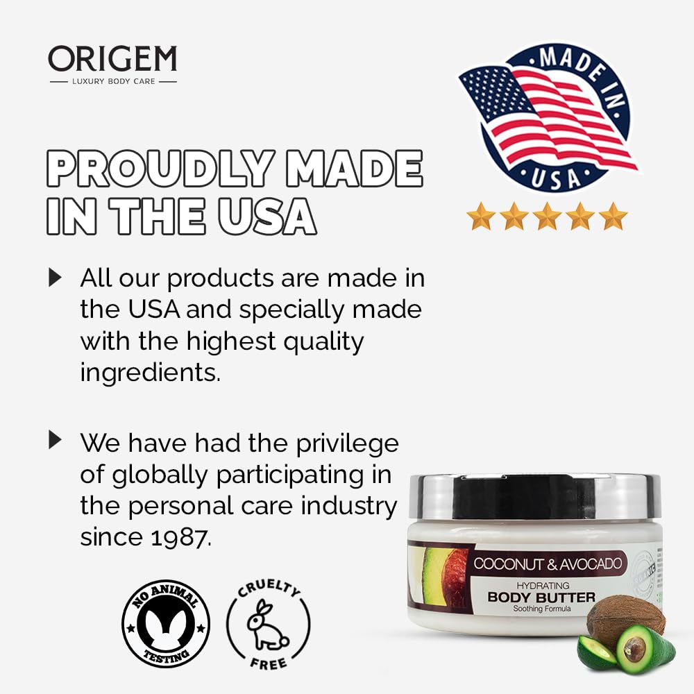ORIGEM Body Butter for Dry Skin – Deep Hydration & Skin Repair – Coconut, Avocado, Shea & Argan Oil – Vitamin E Moisturizer for Women – Non-Greasy Body Cream – 8 Oz