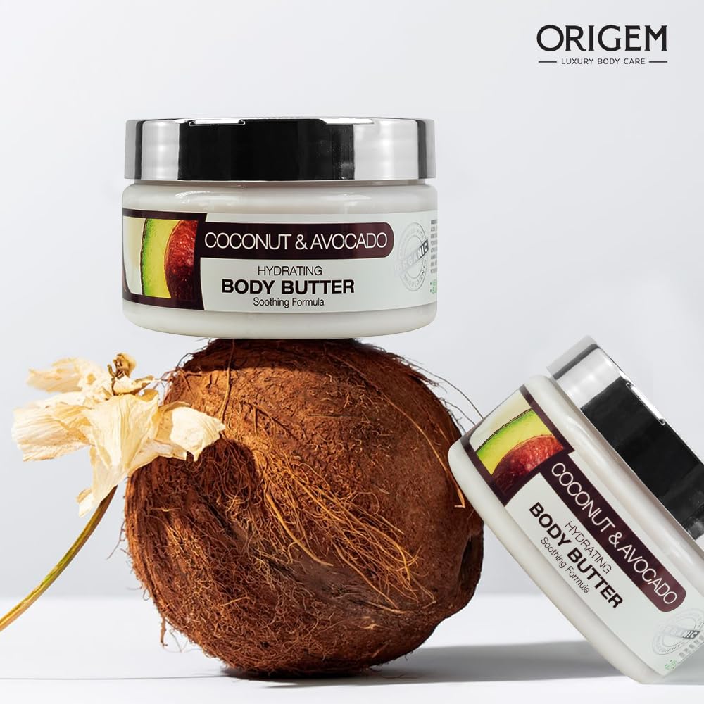 ORIGEM Body Butter for Dry Skin – Deep Hydration & Skin Repair – Coconut, Avocado, Shea & Argan Oil – Vitamin E Moisturizer for Women – Non-Greasy Body Cream – 8 Oz