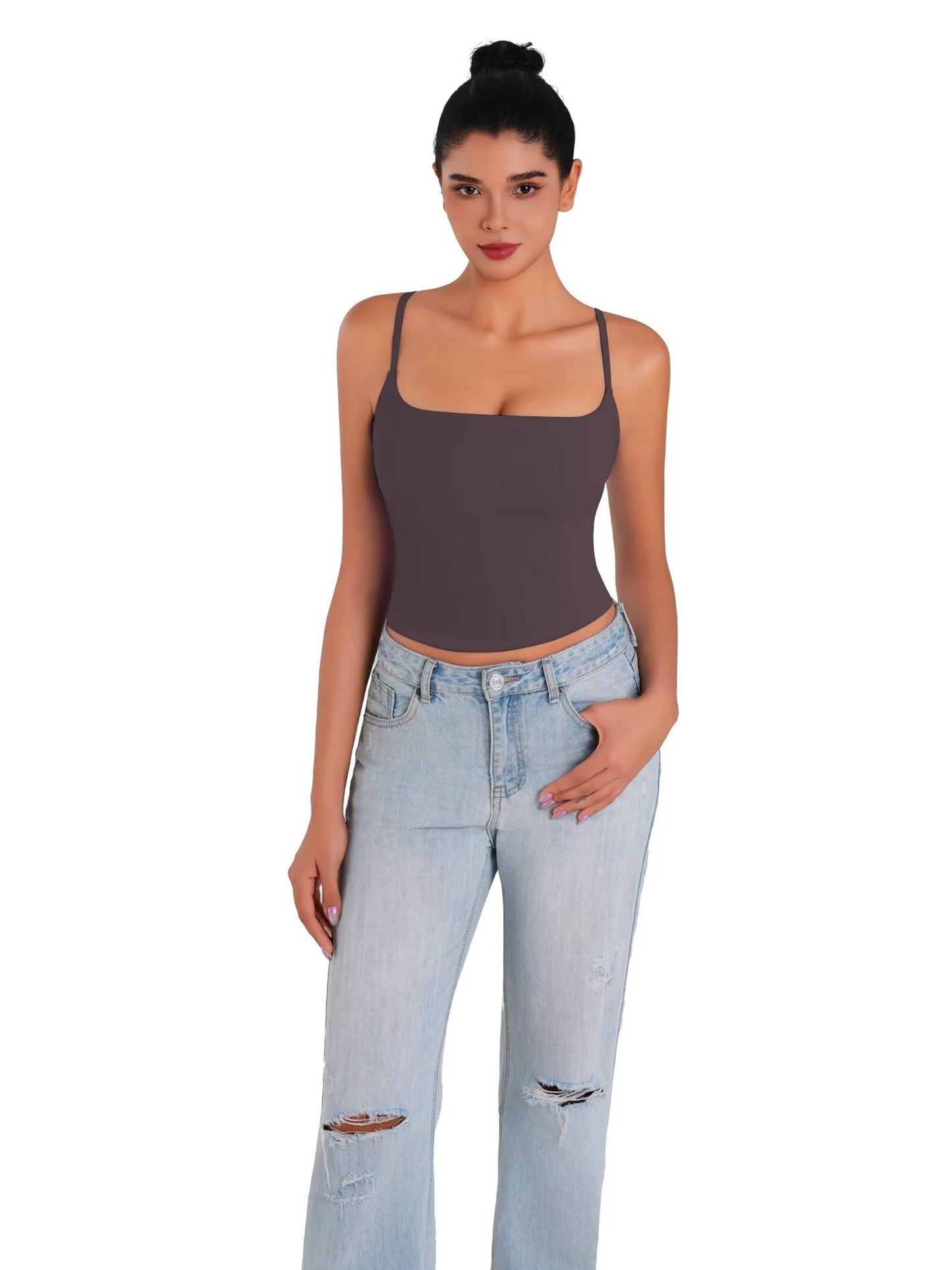 Sunzel Spaghetti Strap Tank Top for Women Double Lined Camisole Square Neck Cami Top Summer Undershirts Going Out Basics Seal Brown Small