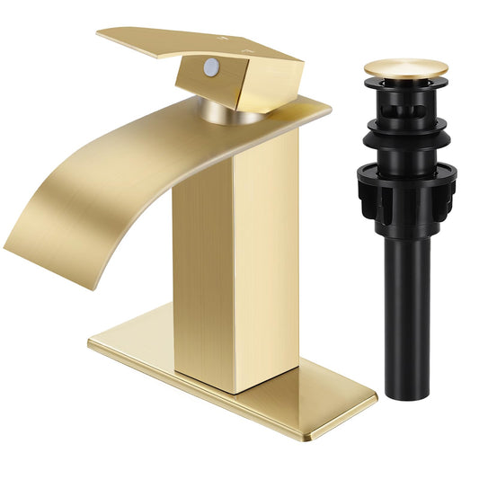 RNDIOZD Brushed Gold Bathroom Faucets, Waterfall Bathroom Sink Faucet Modern Single Handle Bathroom Faucte 1 or 3 Hole, RV Mixer Tap Vanity Faucet - Includes Pop-up Drain Supply Hoses Deck Plate