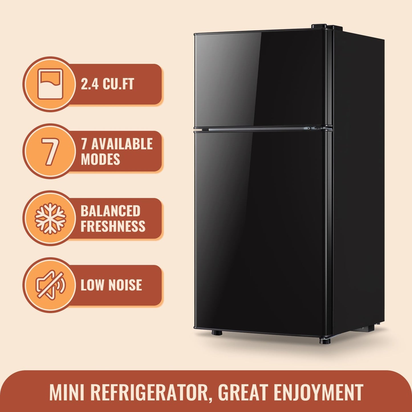DEMULLER 2.4 Cu.ft Mini Fridge with Double Doors Small Refrigerator with Separate Freezer & 7 Adjustable Temperature Control, Tiny Size & Personal Fridge Ideal for Office Apartment Dorm Black