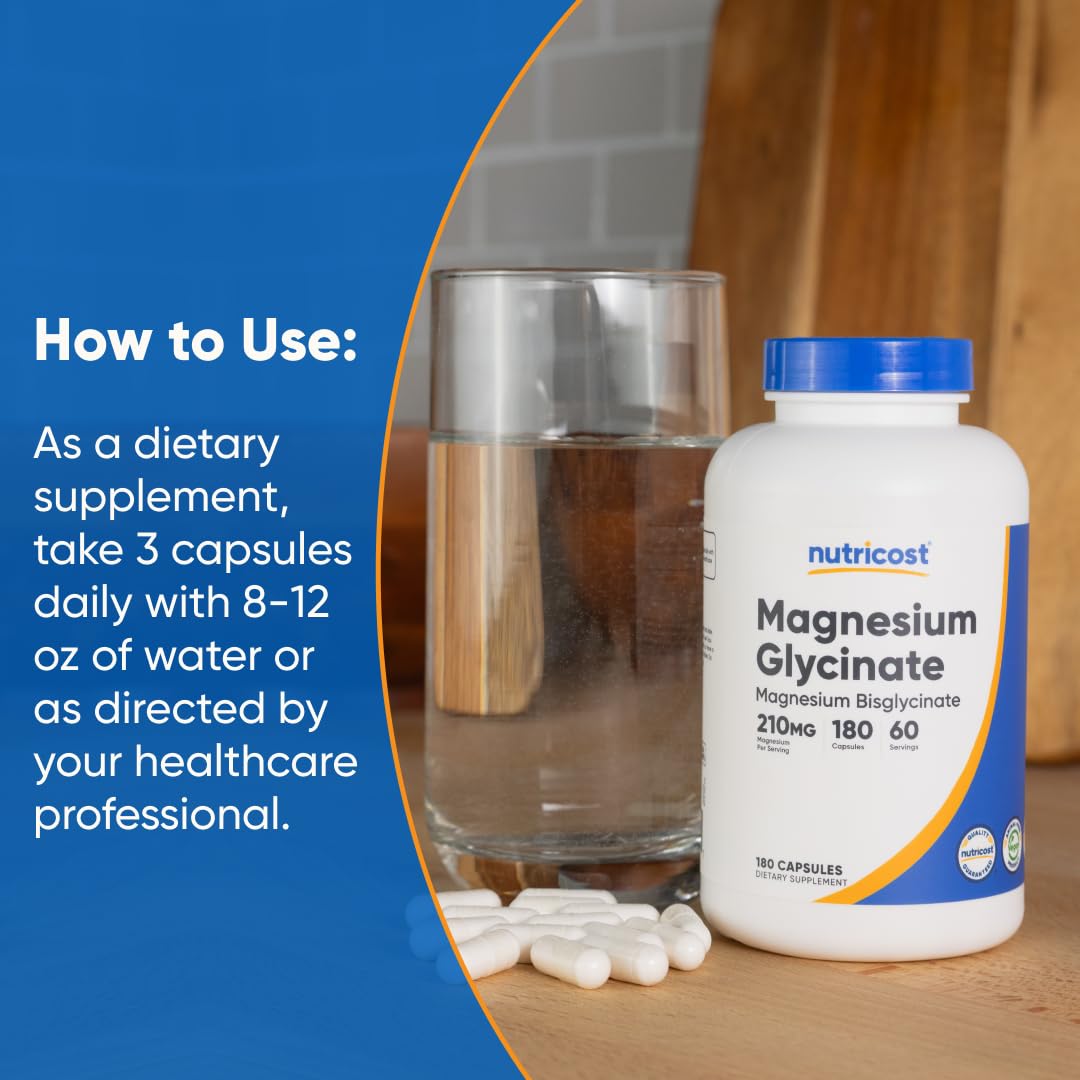 Nutricost Magnesium Glycinate Capsules (180 Capsules, 210 mg Per Serving) - Magnesium Glycinate Supplement for Gentle Absorption