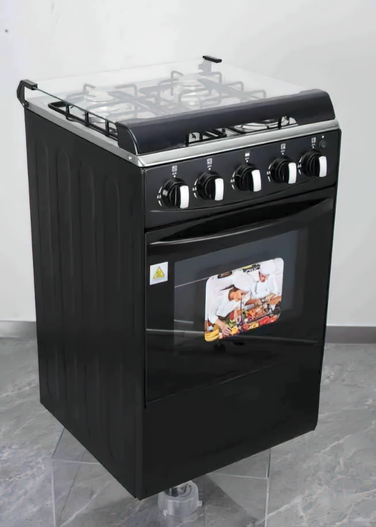 Gas Range with Double-Layer Glass Door, 4 Burners, Cast Iron Rack, 52L Capacity, Black