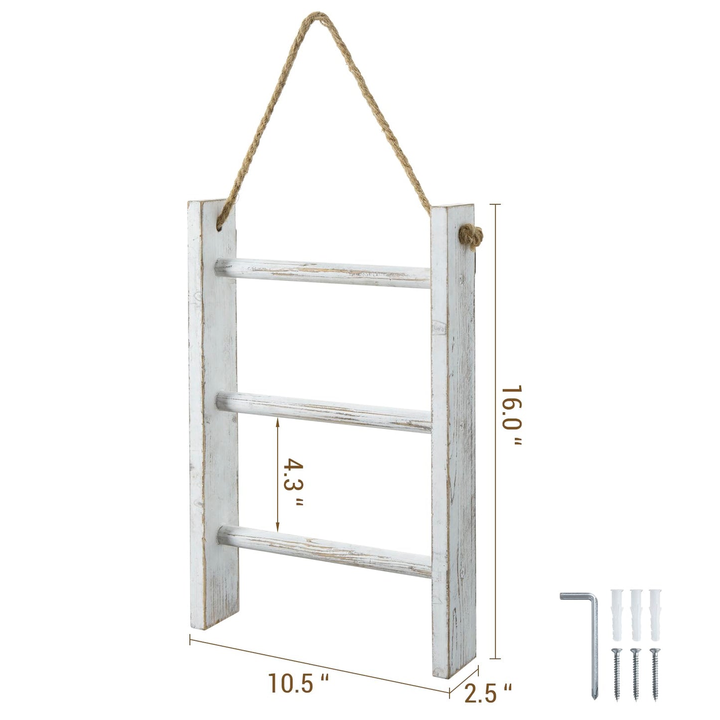MyGift Rustic Hand Towel Holder, Whitewashed Solid Wood Farmhouse Bathroom Decor, Small Blanket Ladder for Home Decor, Wall Mounted Towel Rack for Shabby Chic Decor