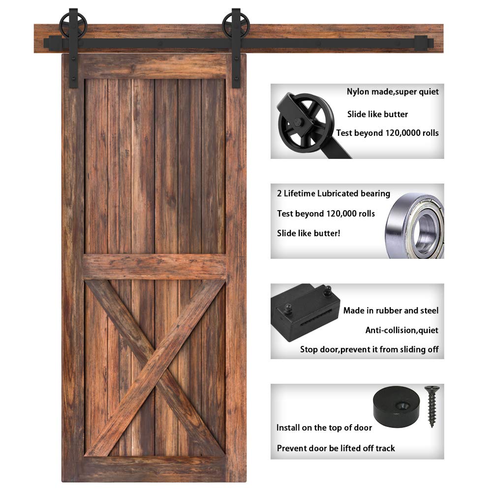 WINSOON 5-16FT Single Wood Sliding Barn Door Hardware Kit 8FT Basic Black Big Spoke Wheel Roller Garage Closet Carbon Steel Flat Track System (8FT)