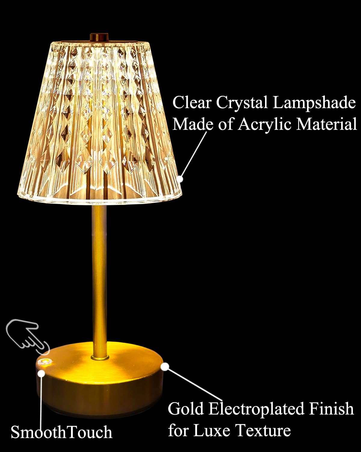 Gold Cordless Table Lamp Rechargeable,5000mAh Battery Operated Lamps,Mini Small Crystal Table Lamp for Restaurant Dining Bathroom/Kitchen Counter/Rechargable Touch Lamp for Home Dinner Shower Lamp