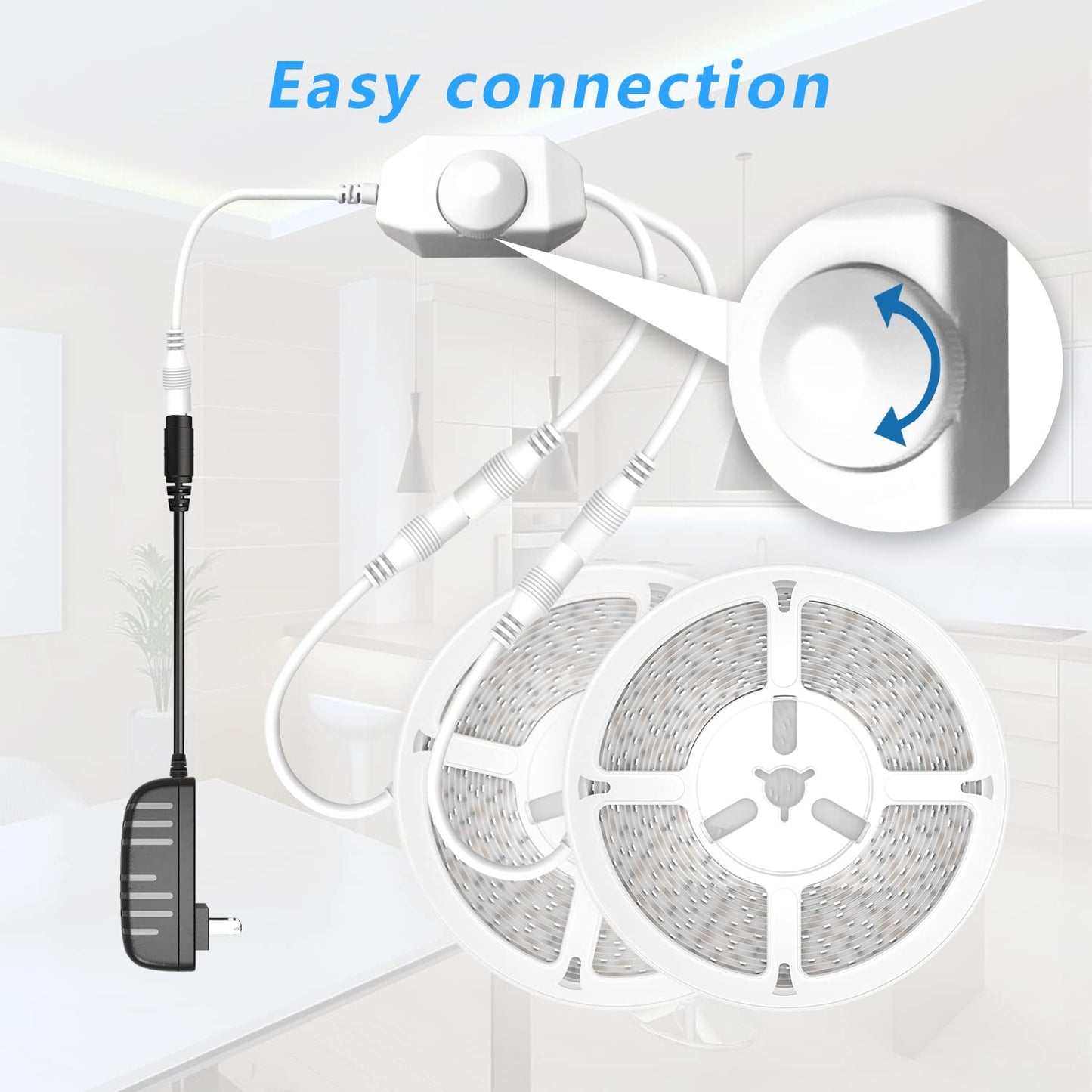 phopollo White LED Strip Lights, 100ft (2 Rolls of 50ft) Dimmable 6500k Daylight White Led Light Strip, 1800 LEDs Flexible Led Lights for Bedroom, Mirror, Kitchen Decoration