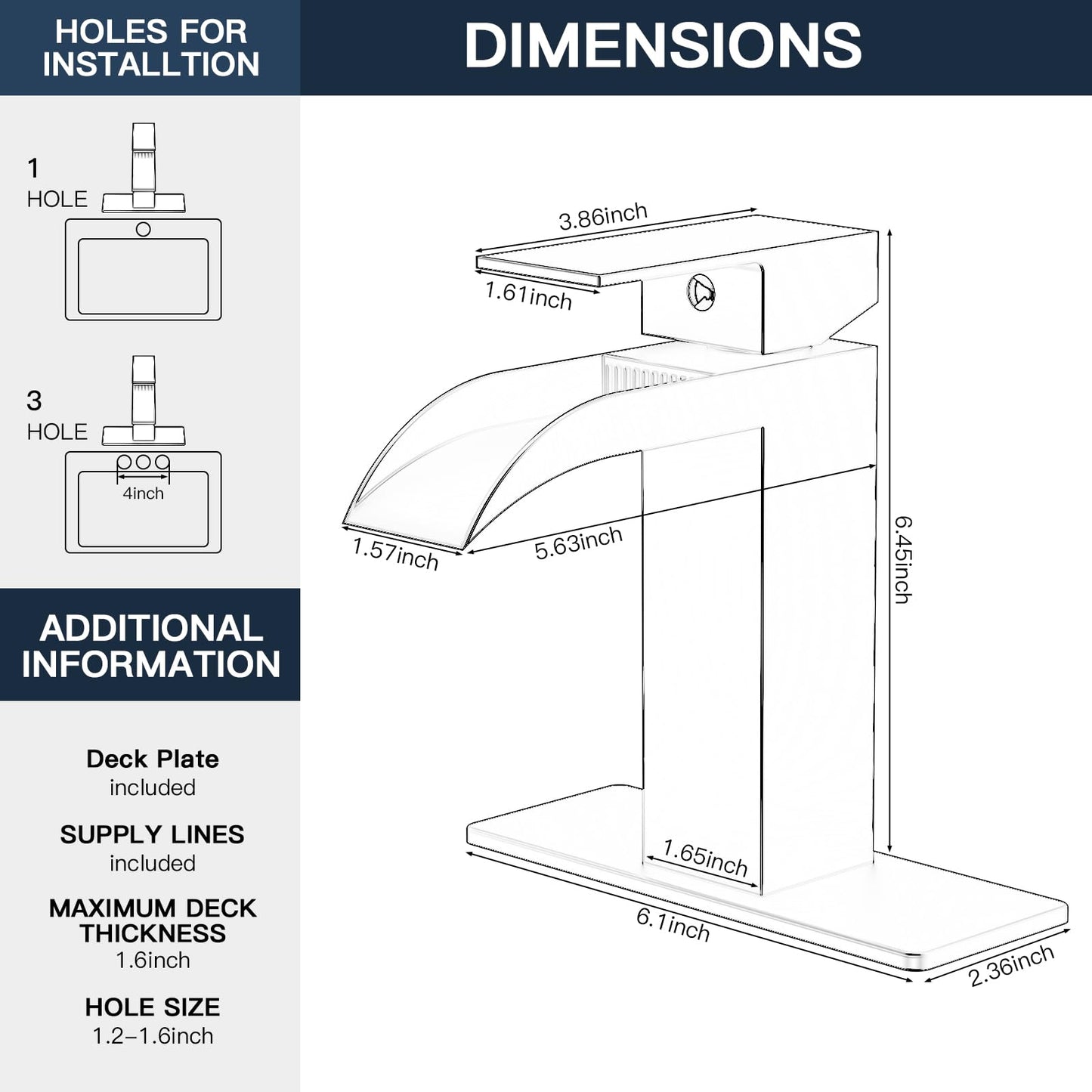 Kroias Matte Black Waterfall Bathroom Faucet 1 Hole or 3 Hole, Single Handle Rv Bathroom Sink Faucet with Pop Up Drain, Bathroom Vanity Faucet with cUPC Supply Hose and Deck Plate