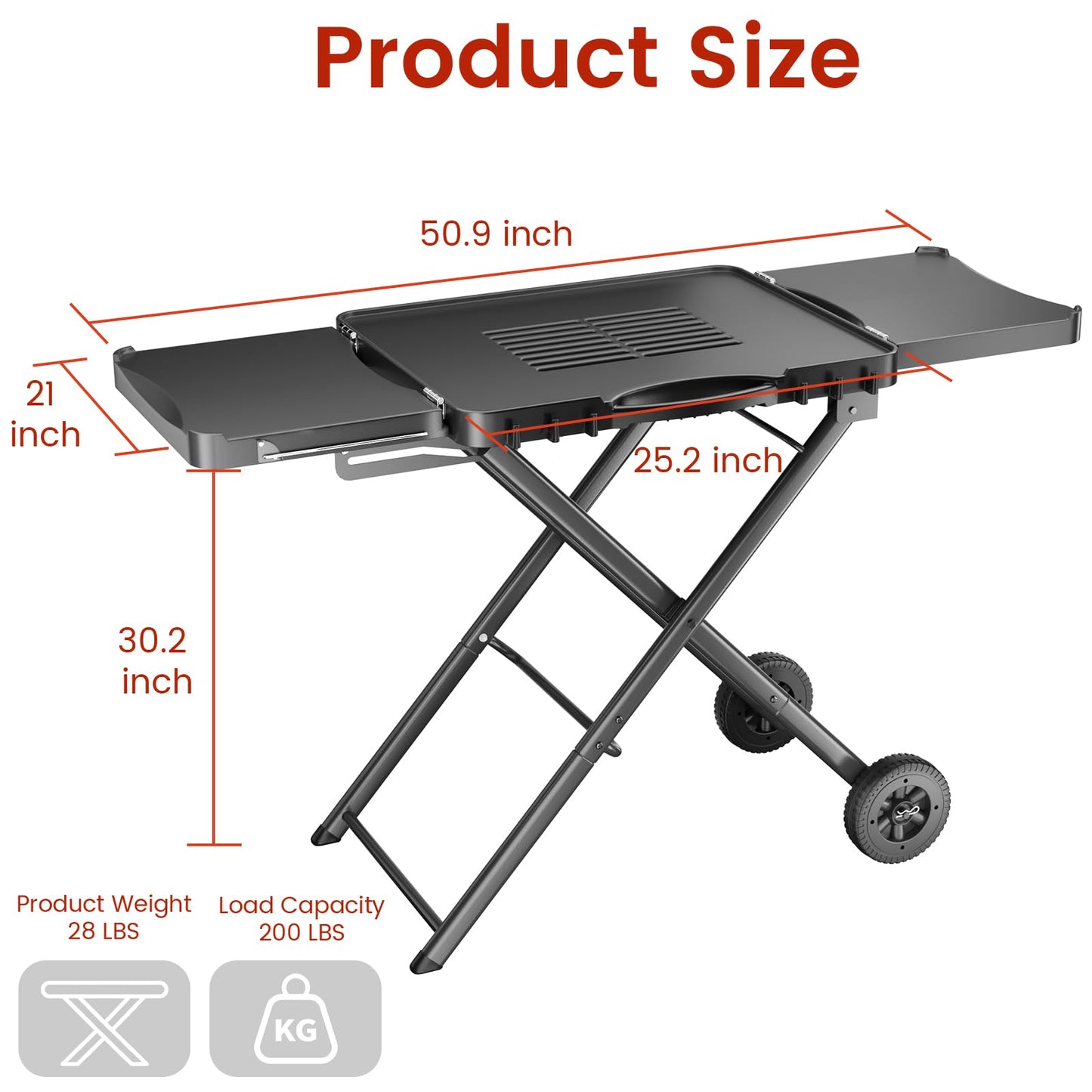 Outdoor Portable Grill Table Cart for Ninja Woodfire- OG701 OG850 OG951, 51in Large Foldable Grill Stand for Ninja Blackstone, Weber, with Paper Towel Holder and J-hooks