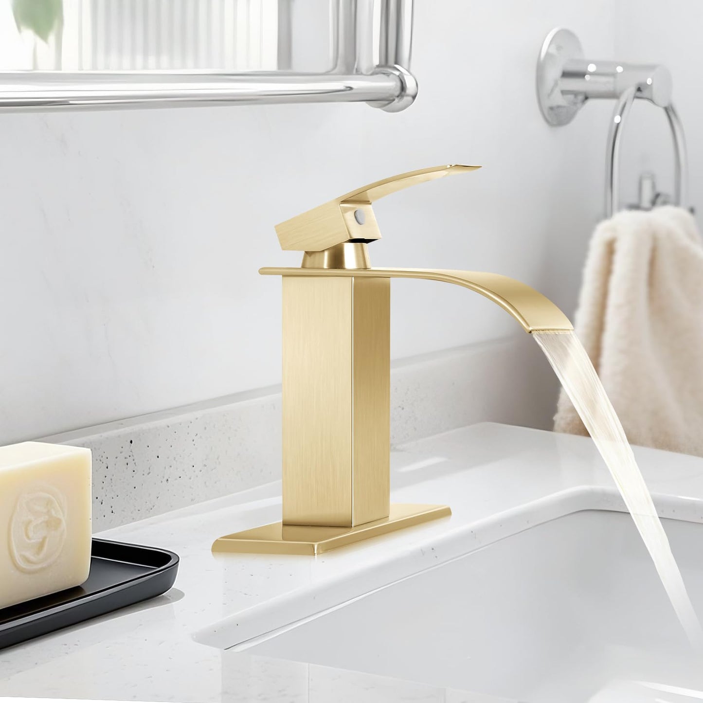 RNDIOZD Brushed Gold Bathroom Faucets, Waterfall Bathroom Sink Faucet Modern Single Handle Bathroom Faucte 1 or 3 Hole, RV Mixer Tap Vanity Faucet - Includes Pop-up Drain Supply Hoses Deck Plate