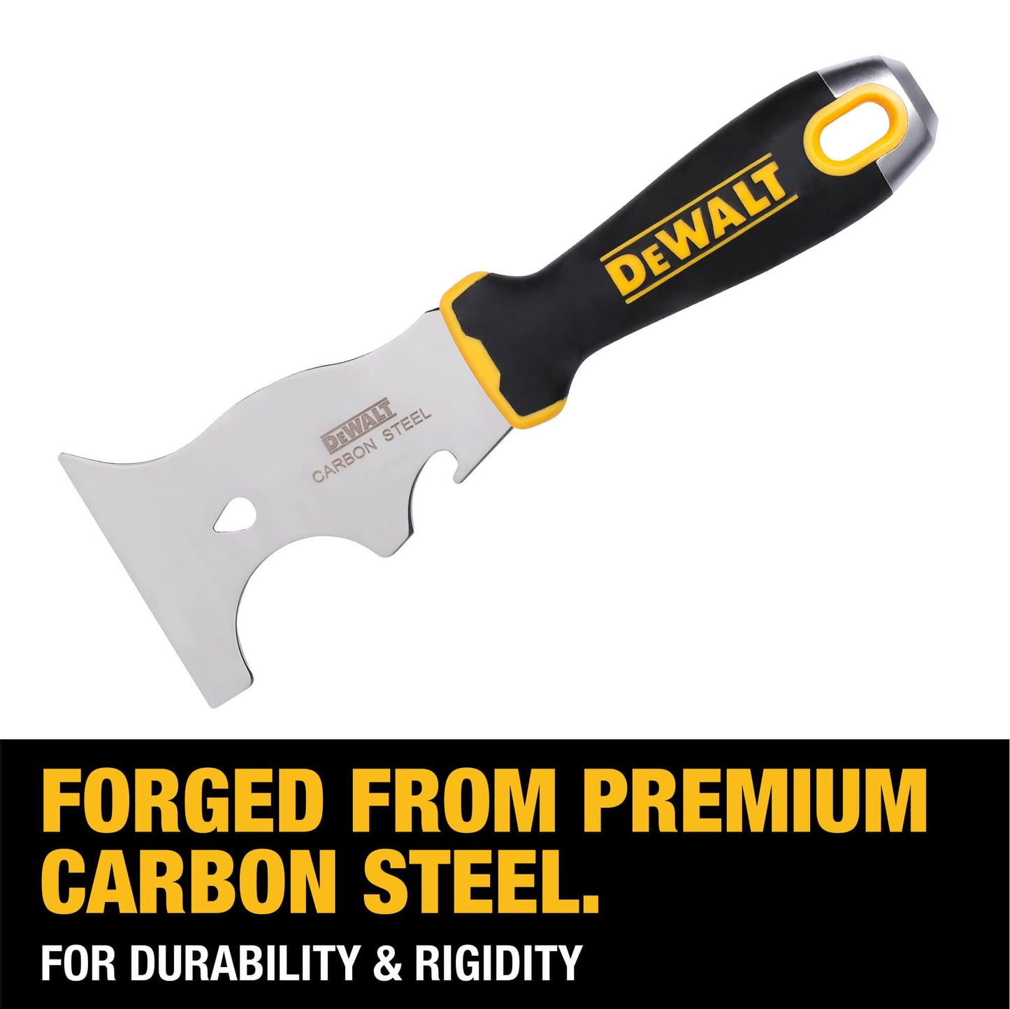 DEWALT 9-in-1 Painter's Tool | Straight Scraper, Curved Scraper, Gouger, Roller Cleaner, Can Opener, Bottle Opener, Nail Puller, Screwdriver, Hammer | Carbon Steel w/Soft Grip Handle | DXTT-2-200