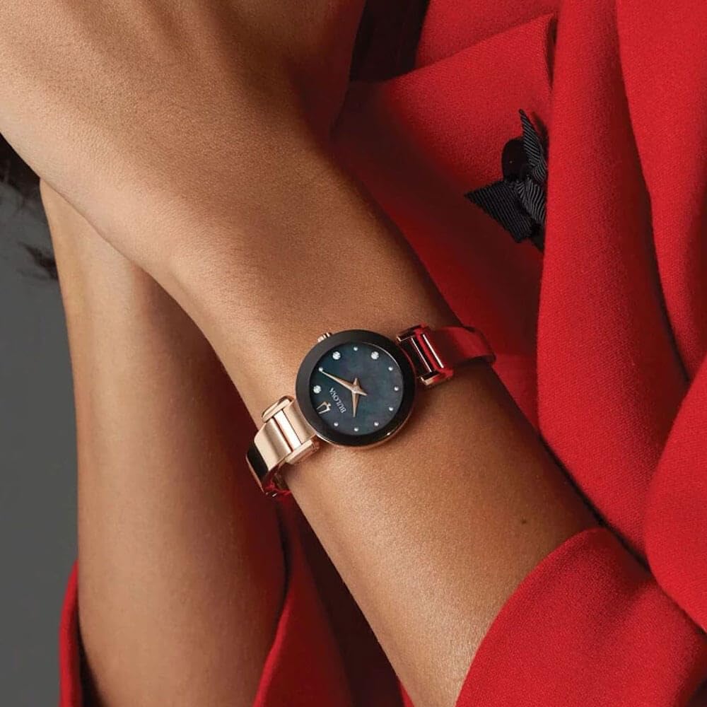 Bulova Marc Anthony Ladies Modern Diamond Rose Gold-Tone Bangle Bracelet Watch, Mother of Pearl Dial, Style: 97P163