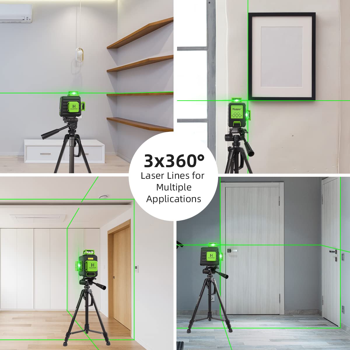 Laser Level 360 Self Leveling with 47" Tripod, Huepar 3x360° High Brightness Green Laser Leveler Tool for Construction, Tile and Picture Hanging, 5200 mAh Li-ion Battery & 2 Portable Bag Included
