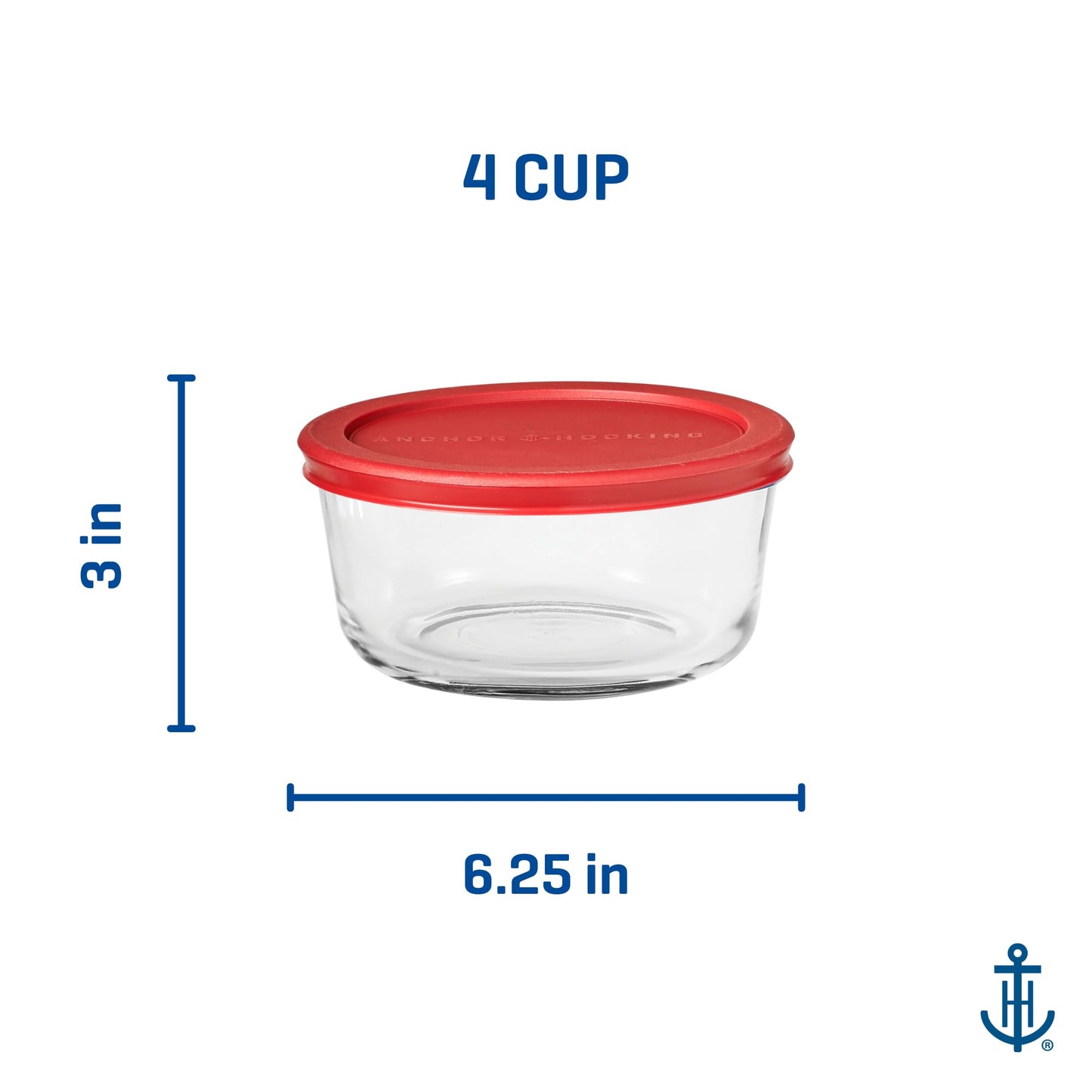 Anchor Hocking SnugFitTM Round Food Storage Containers with Lids (4-Piece, 4-cup, Red, oven-safe)