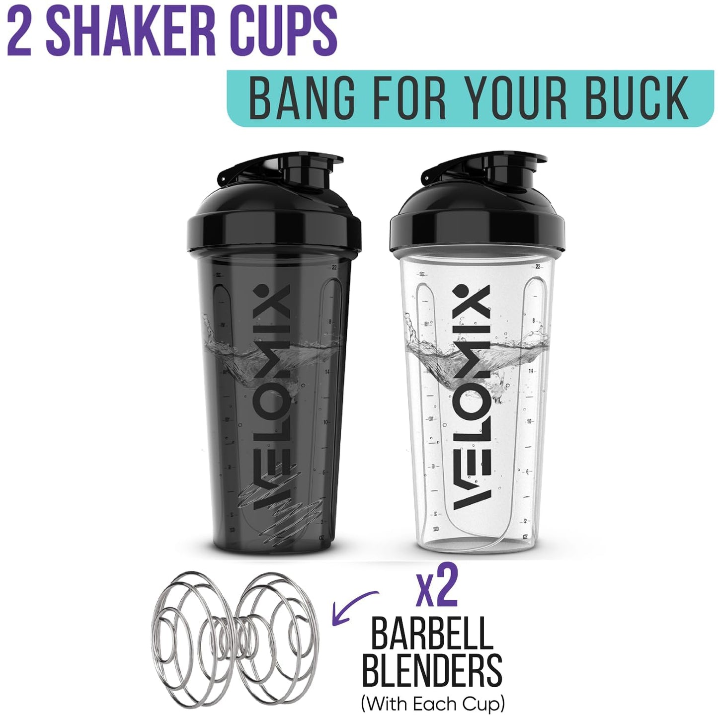 VELOMIX -2 Pack- 28 oz Protein Shaker Bottles for Protein Mixes - 2x Wire Whisk | Leak Proof Shaker Cups for Protein Shakes | Protein Shaker Bottle Pack (Black/Transparent)